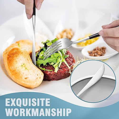 Miniatura 57 de Lemeya Juego de cubiertos para 6 personas, color blanco y negro mate, juego de cubiertos de acero inoxidable cepillado, 30 piezas, cuchillos, Negro