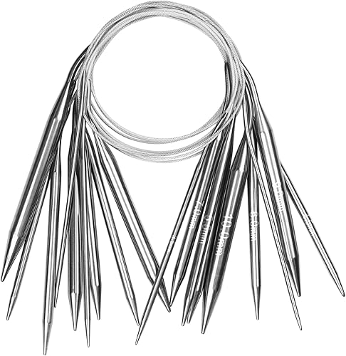 Aeelike Juego de agujas circulares para tejer, agujas de tejer de acero inoxidable, juego de agujas de tejer redondas (39.4in), paquete de 9 agujas