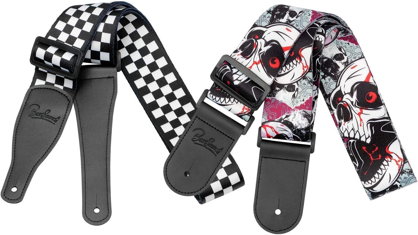 Checkered Guitar Strap + Skull Guitar Strap with Leather Ends Guitar Shoulder Strap,Suitable For Bass, Electric & Acoustic Guitars