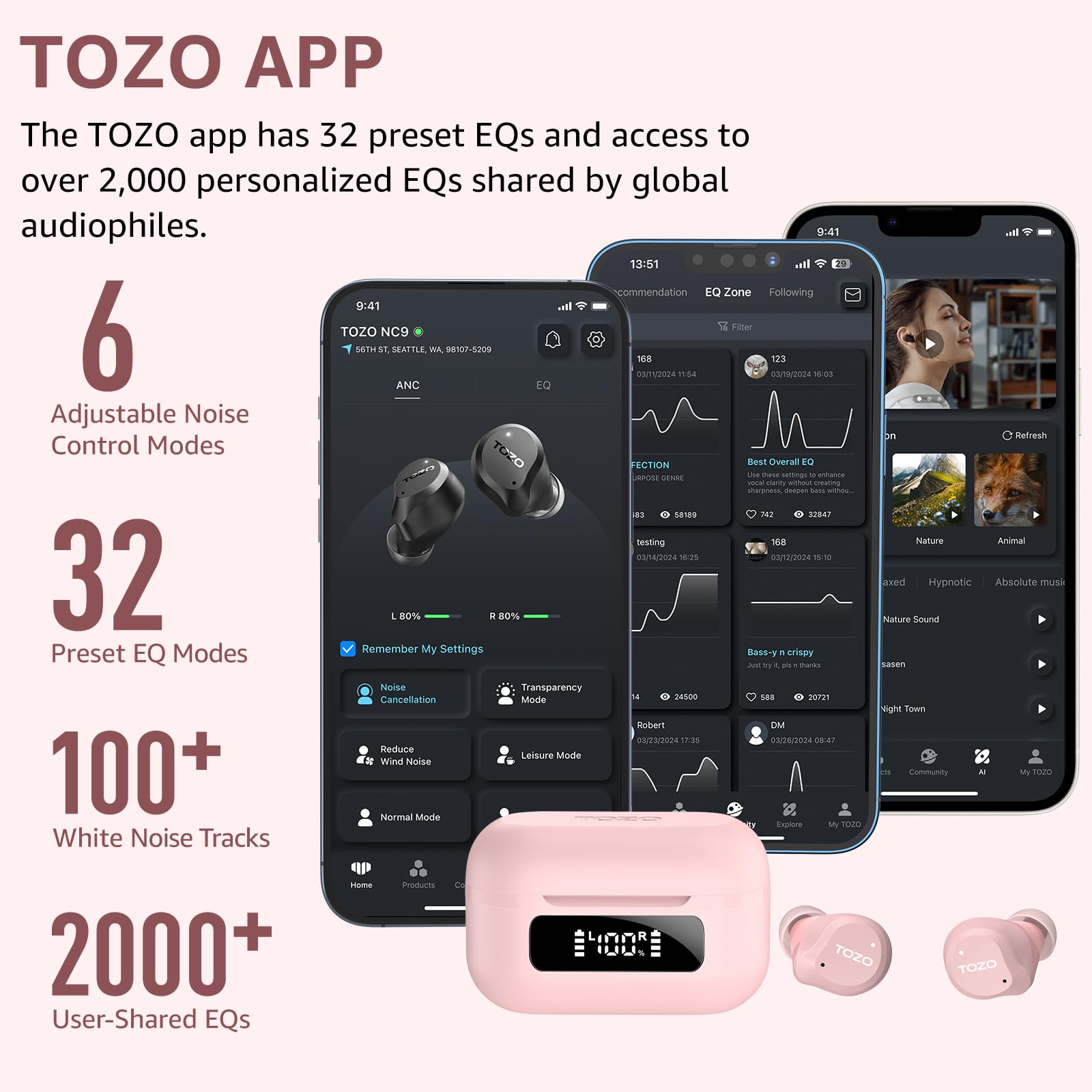 TOZO NC9 Hybrid Active Noise Cancelling Wireless Earbuds, 60H, LED Display view 6