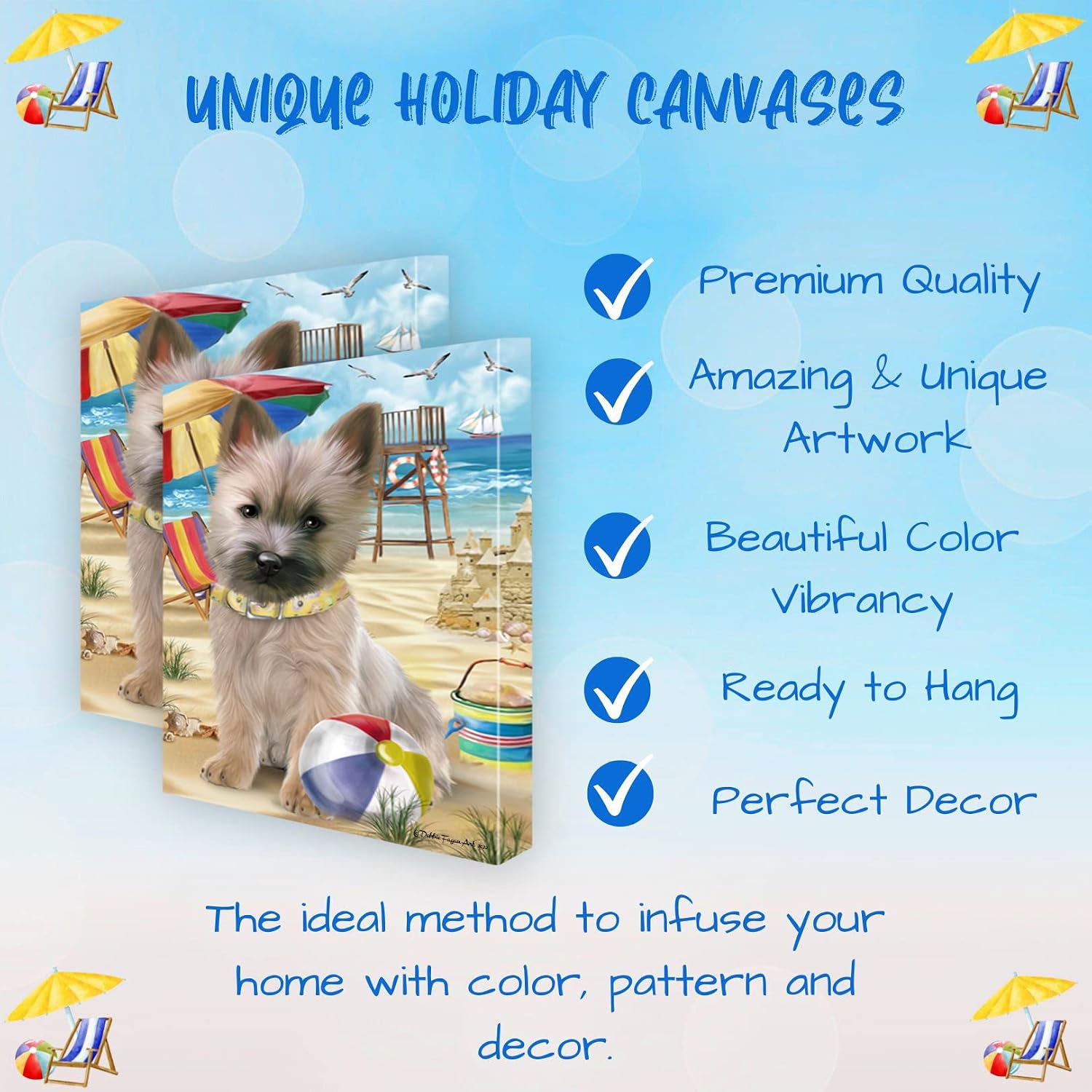 Pet Beach with Cairn Terrier Dog Canvas Wall Art - Premium Quality Ready to Hang Room Decor - Black Floating Framed 16" x 16"