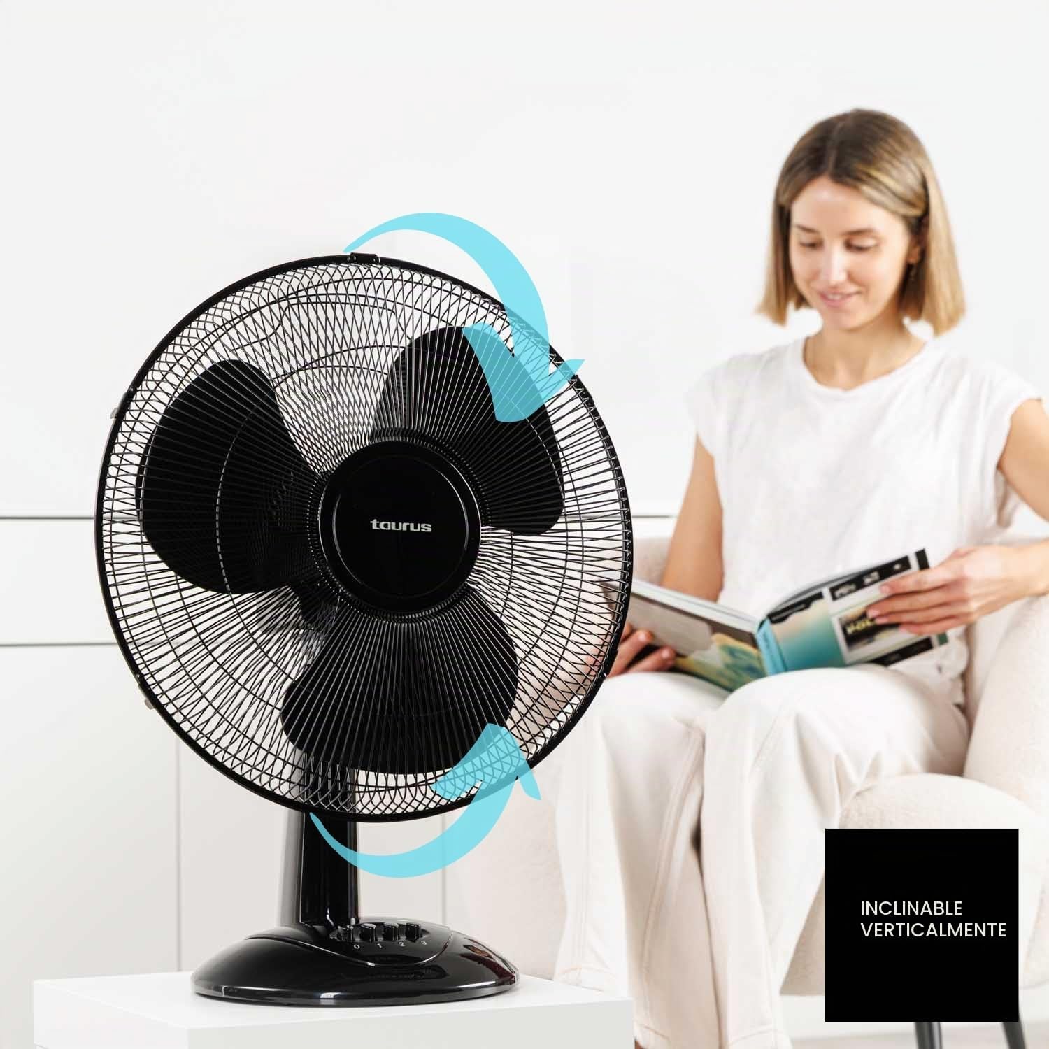 Taurus - Ventilador Sobremesa Greco 16 Elegance | 45W | 3 Aspas 40 cm | 3 Velocidades | Oscilación Automática | Inclinación Ajustable | Compacto y Silencioso | Portátil | Base Antideslizante | Negro