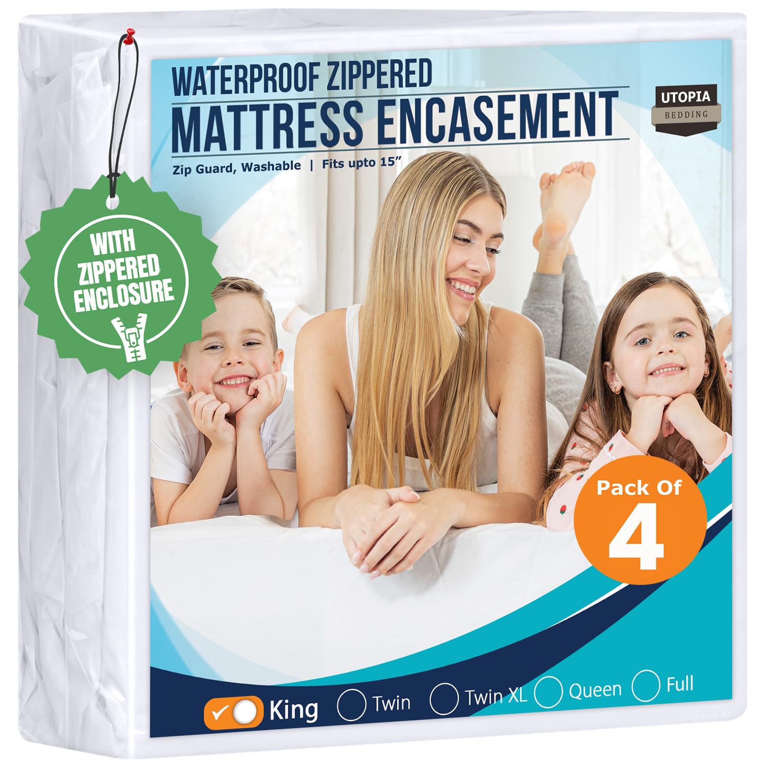 King Size Mattress Protector Zippered (Pack of 4), 100% Waterproof Bed Bug and Dust Mite Proof Mattress Encasement, Absorbent 6 Sided Mattress Cover by Utopia Bedding