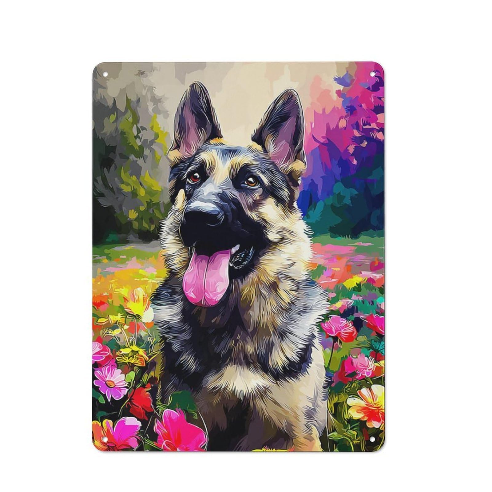 Junmoney Floral Garden With German Shepherd Retro-Style Metal Wall Sign 40X30cm For Pub Or Café, A New Home Present For Hospitality Wall Decor Collectors