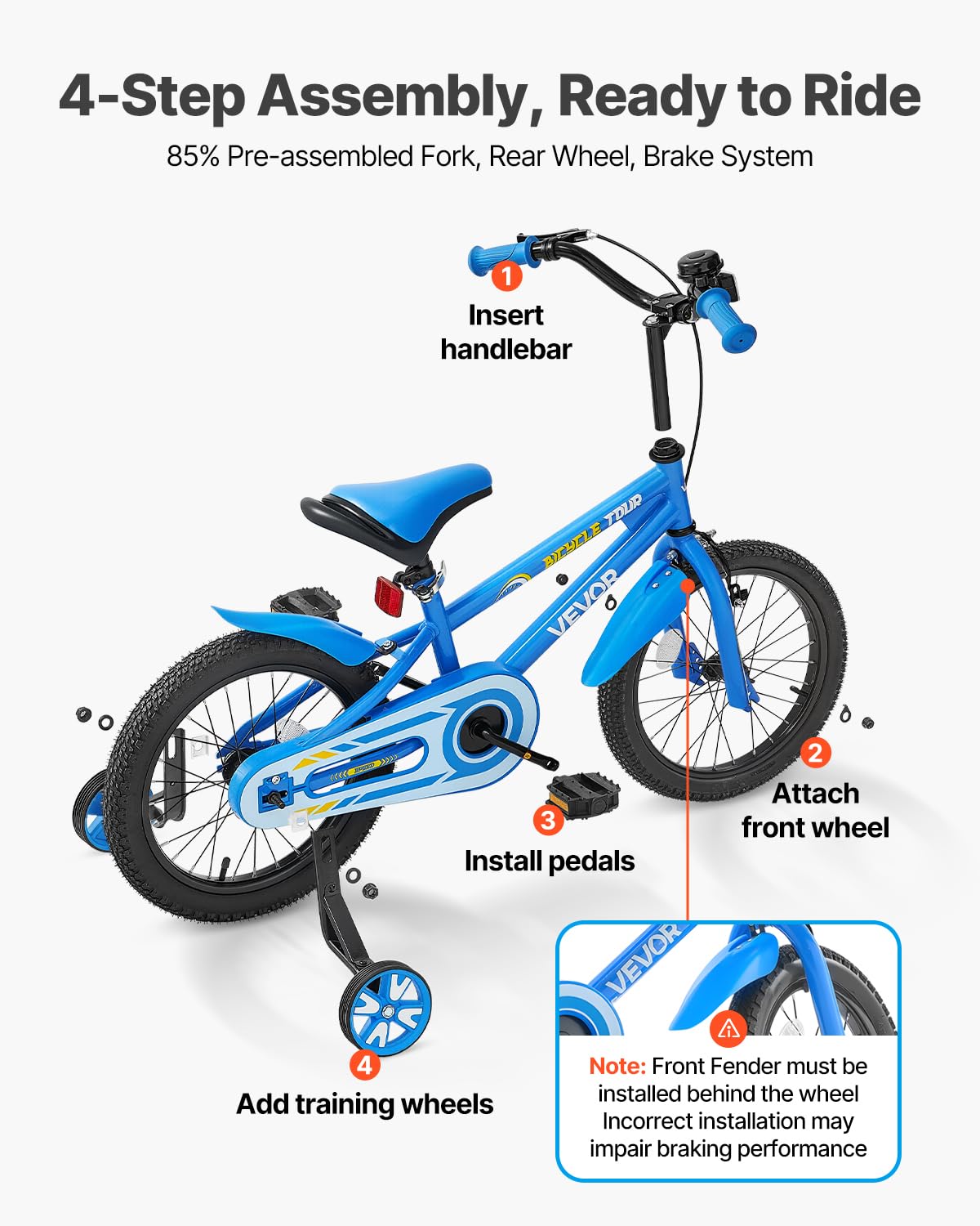 VEVOR Bicicleta Infantil, Bicicleta para Niños de Estilo BMX 1120 x 500 x 750 mm con Ruedas de Entrenamiento, Altura Recomendada del Ciclista de 100 cm - 130 cm para Niños de 4 a 8 Años, Azul