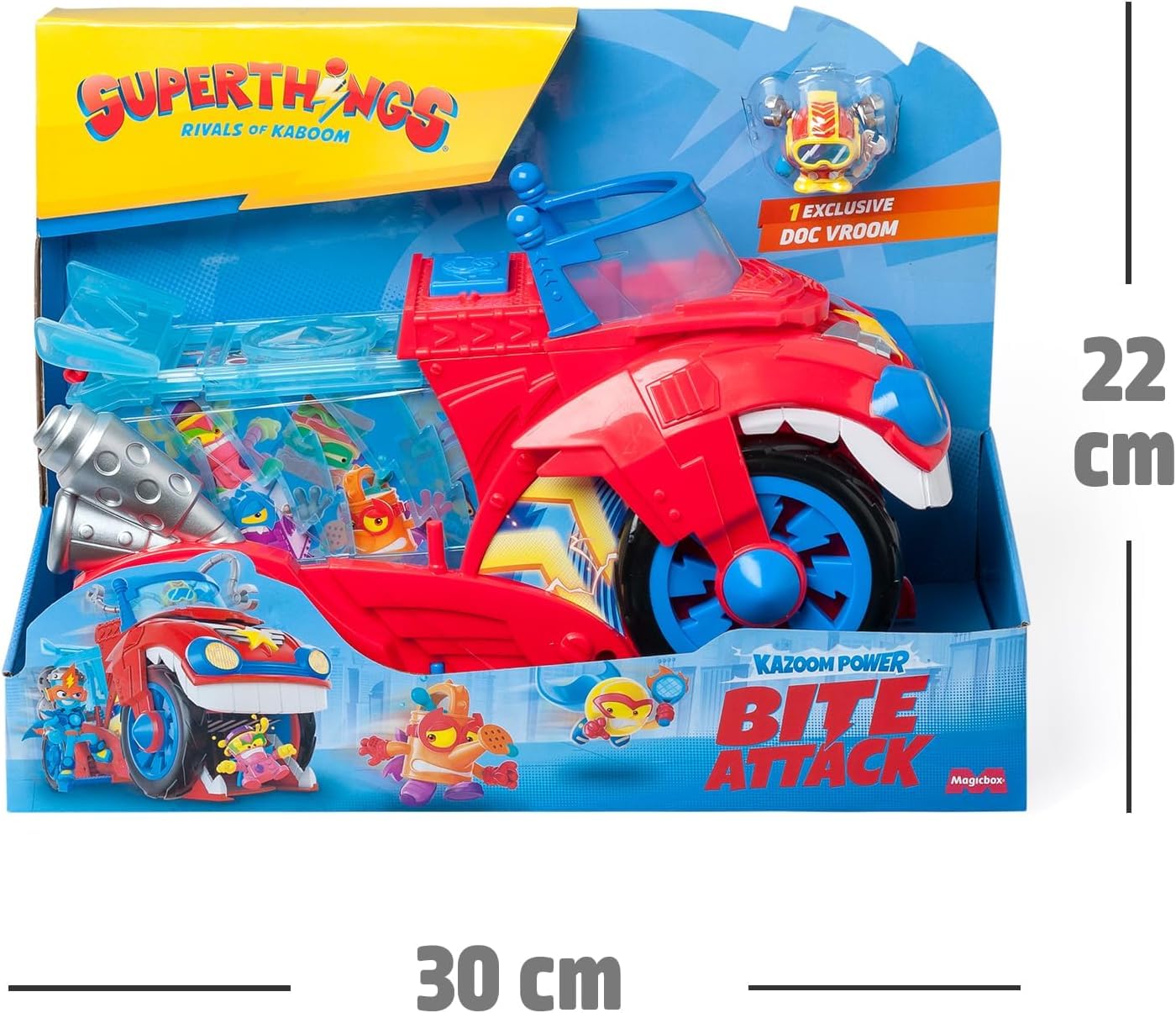 SUPERTHINGS – Bite Attack. Vehículo de Doc Vroom de la Serie de TV “SuperThings Kazoom Power”. Contiene 1 vehículo Bite Attack, 1 Doc Vroom Exclusivo, 1 cárcel extraíble