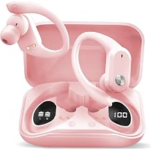 RCA Wireless Earbuds Bluetooth 5.3 Headphones Sport Sweat Resistant Sports Earphones with Earhooks,48H Playtime,Lightweight 7.8g,Fast Charging Case,Noise Cancelling Mic for Running Gym Workout-Pink