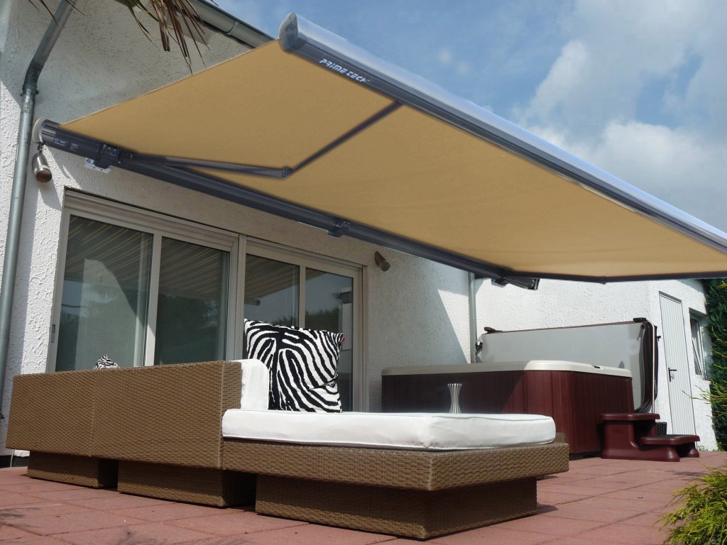 Prime Tech Electric Full Cassette Awning Cassette Awning Articulated Arm Awning Sun Awning 450 x 300 cm Grey Frame Beige Brown Cloth Various Sizes Garden