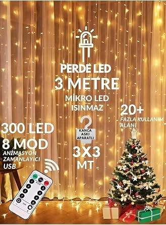3x3 Metre Perde Led Işık, 300 Ledli 10 Sarkıtlı Dekoratif Peri Led, Uzaktan Kumandalı ve 8 Fonksiyonlu, USB Girişli Günışığı (Sarı) Duvar ve Perde Aydınlatması [Enerji Sınıfı A]
