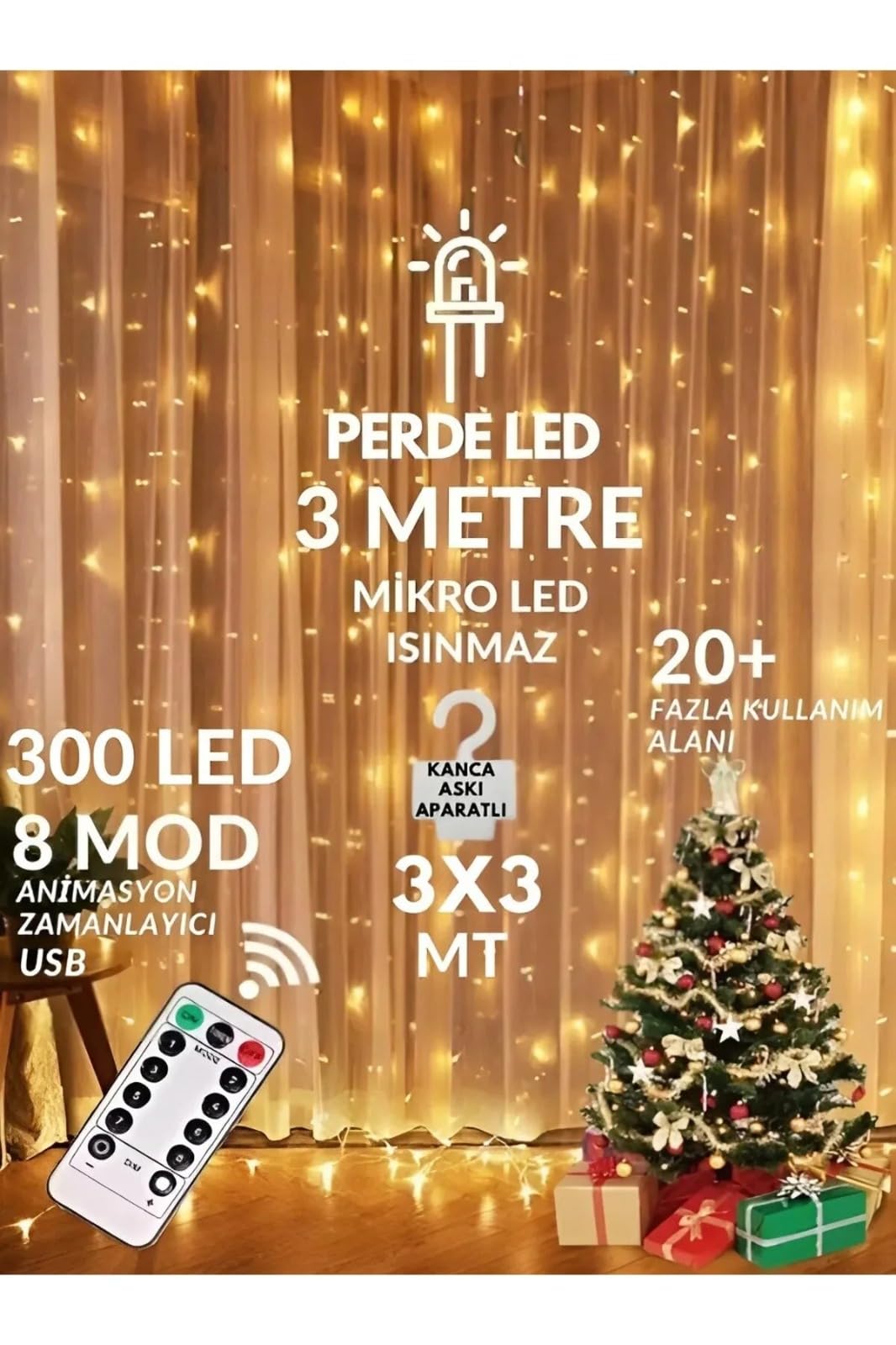 3x3 Metre Perde Led Işık, 300 Ledli 10 Sarkıtlı Dekoratif Peri Led, Uzaktan Kumandalı ve 8 Fonksiyonlu, USB Girişli Günışığı (Sarı) Duvar ve Perde Aydınlatması
