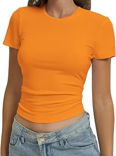 OYIGELZ Damen T-Shirt Basic Kurzarm Rundhals Slim Fit Oberteile Casual Y2K Crop Top Frauen Shirts