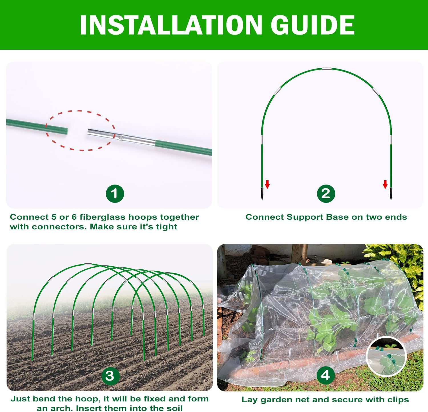 Garden Mesh Netting Kit, 10x30FT White Ultra Fine Netting & 8FT Fiberglass Garden Hoops with Support Bases, Garden Netting with Frame for Raised Beds, Garden Hoops & Netting, Row Cover, Plant Barrier
