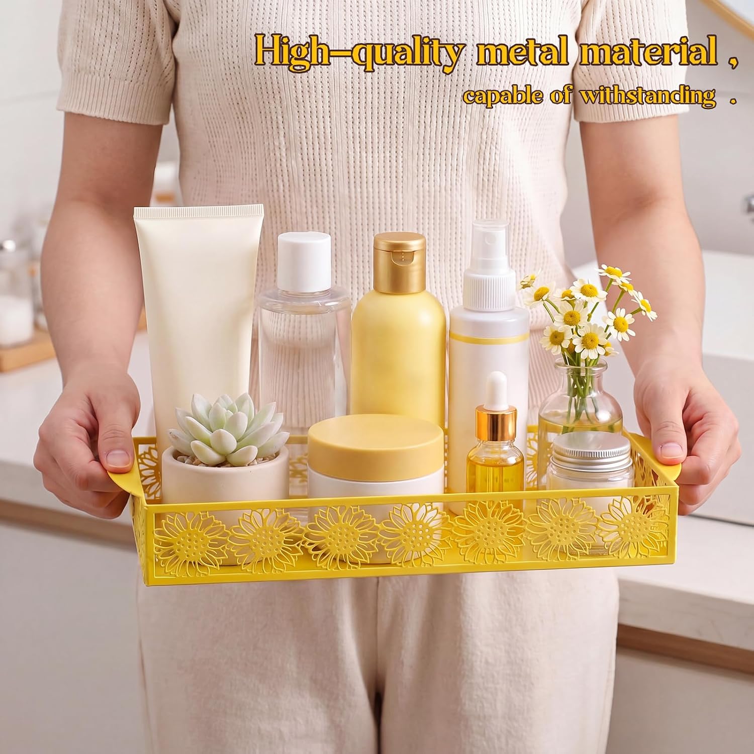 Yellow Sunflower Toilet Paper Basket Cute Metal Toilet Tank Paper Holder with Handle Bathroom Storage Organizer Coquettish Preppy Accessories Decor for Bathroom Restroom