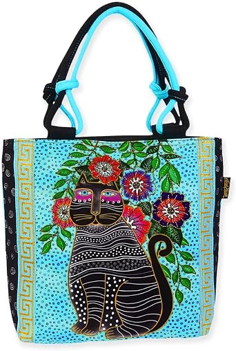 Laurel Burch Kitty Noir Black Cat with Flowers Small Tote, 10" x 2.75" x 9.75"