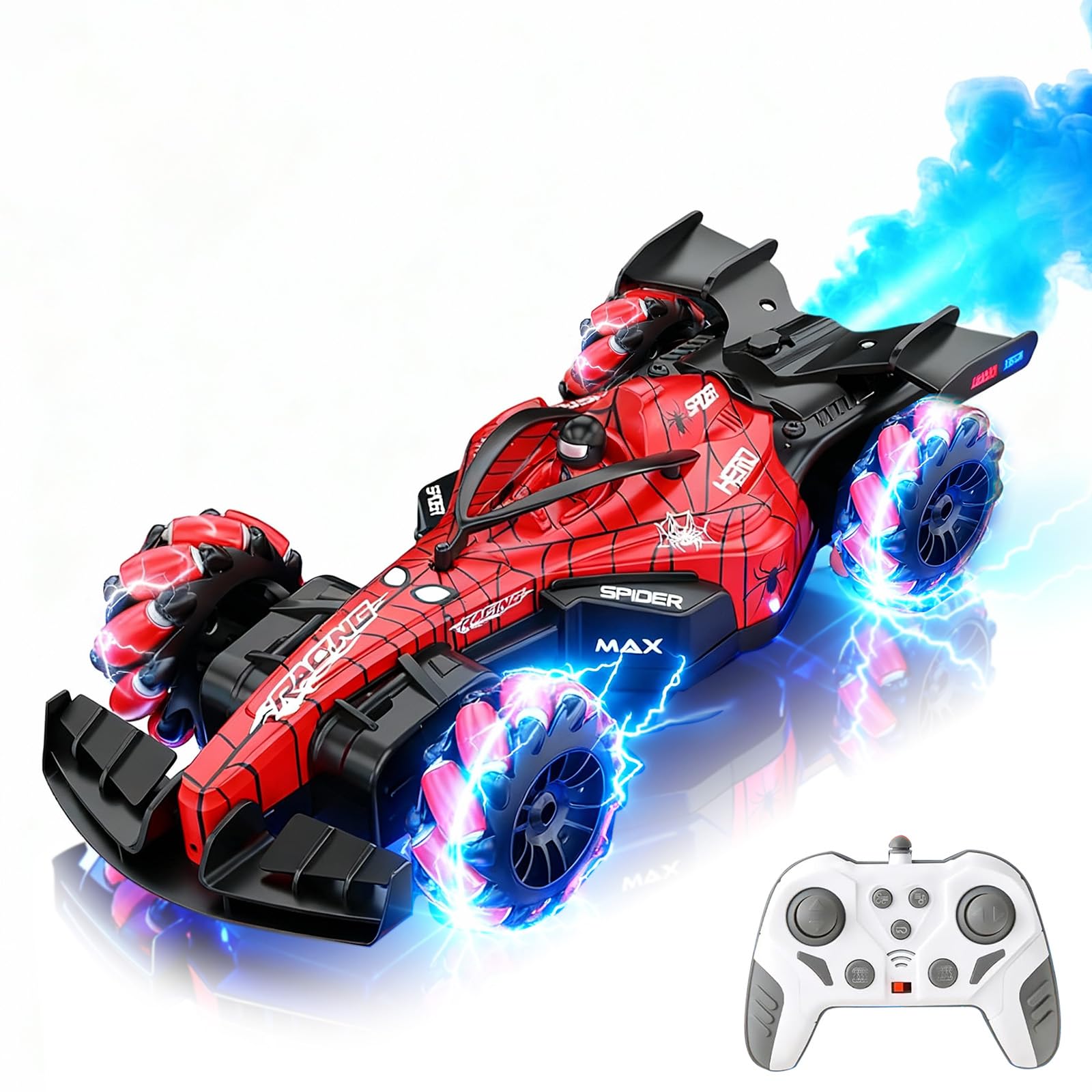 Voiture Radiocommandée Enfant – Voiture RC Rechargeable 4x4 Drift, Échelle 1:18 Design F1 Motif Araignée, Rotation 360°, avec Effet de Vapeur, Sons et Lumières LED, Télécommande 2.4GHz, Cadeau Garçon