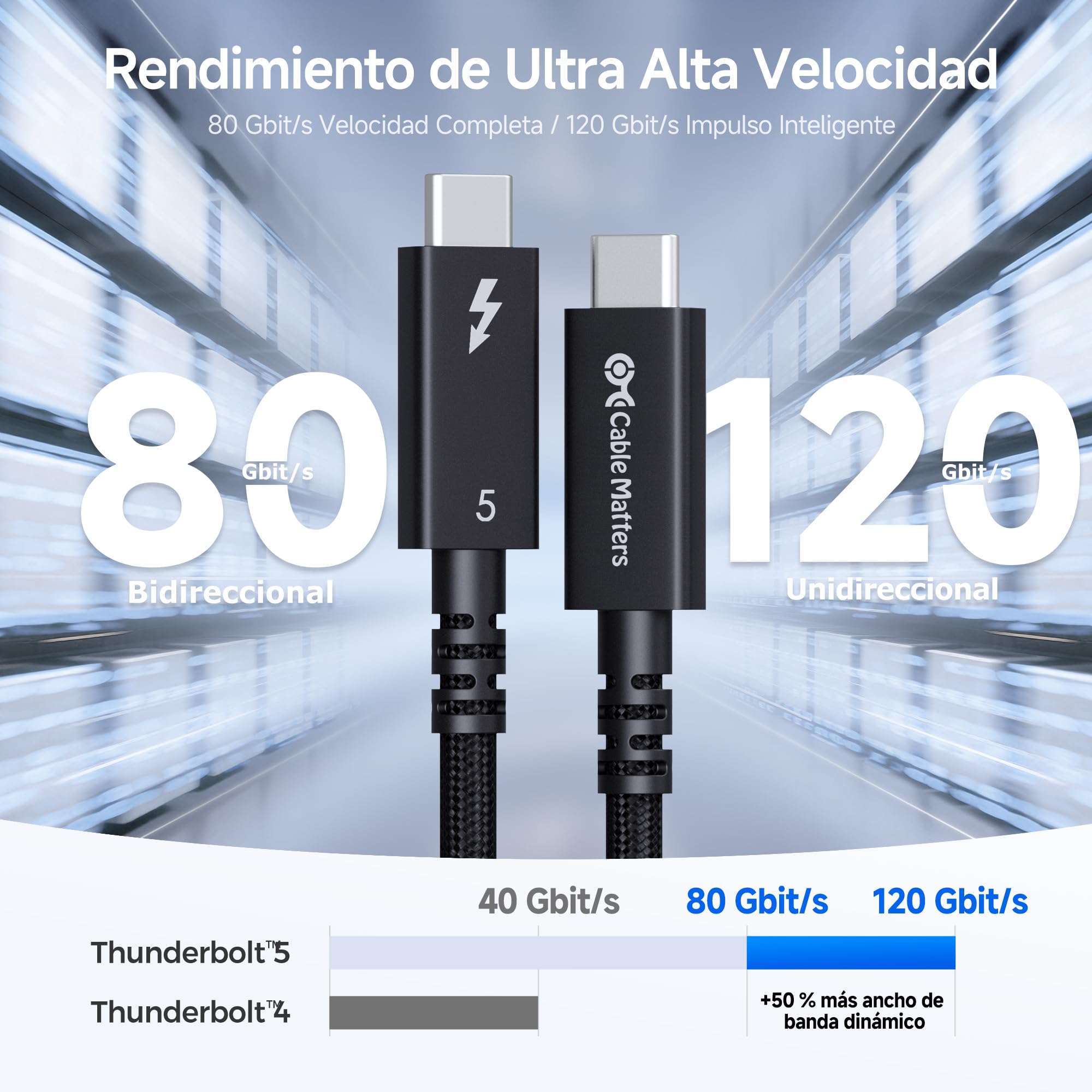 Cable Matters [Certificado por Intel] Cable Thunderbolt 5 Activo 80Gbps 2 m, hasta 120Gbps Bandwidth Boost, carga 240W, vídeo 8K, compatible Thunderbolt 4/3, USB4 y USB C