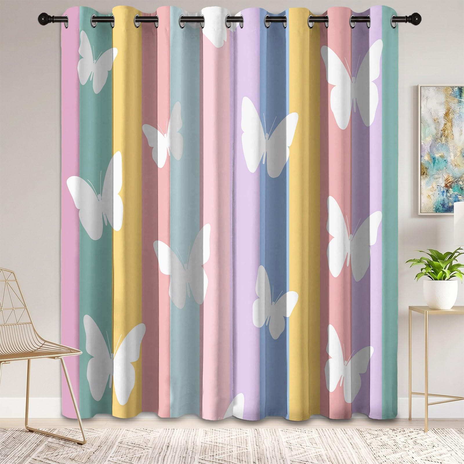 Onirique Géométrique Rideaux Occultant 85L x 200H cm Lot de 2 Rideau Occultant Thermiques Imprimé Aquarelle Papillon Rayures, Rideau Oeillets Opaque Draperie Decoration pour Salon et Chambre