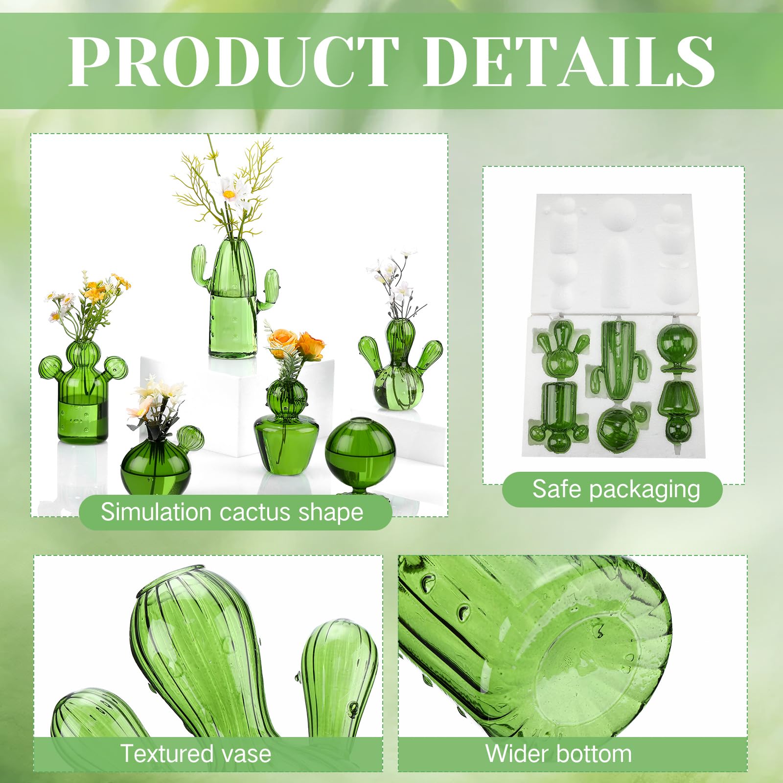 Maxdot Kaktus-Glasvasen, Kaktusform, Glas-Terrarium, Mini-Terrarium für Pflanzen, Anzuchtstation, niedliches Hydrokultur-Innen-PGeschenke für Pflanzenliebhaber, Hausgarten-Dekoration, Grün, 6 Stück