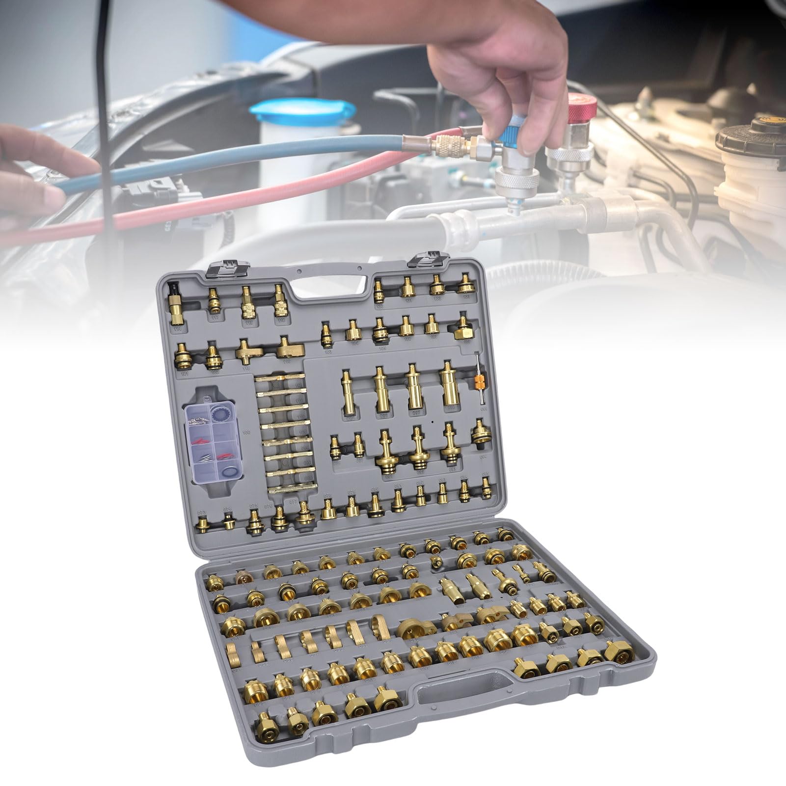 Naroote Kit de Detección de Fugas de CA Automotriz de 122 Piezas Kit de Prueba de Fugas de CA de Latón Probador de de Multifunción para Automóvil con Estuche Moldeado por