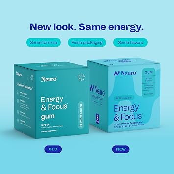 Neuro Energy & Focus Gum - Caffeine Gum with 40mg Natural Caffeine & L-Theanine - Nootropic Energy Supplement with B Vitamins - Sugar Free, Vegan - Wintergreen, 54ct