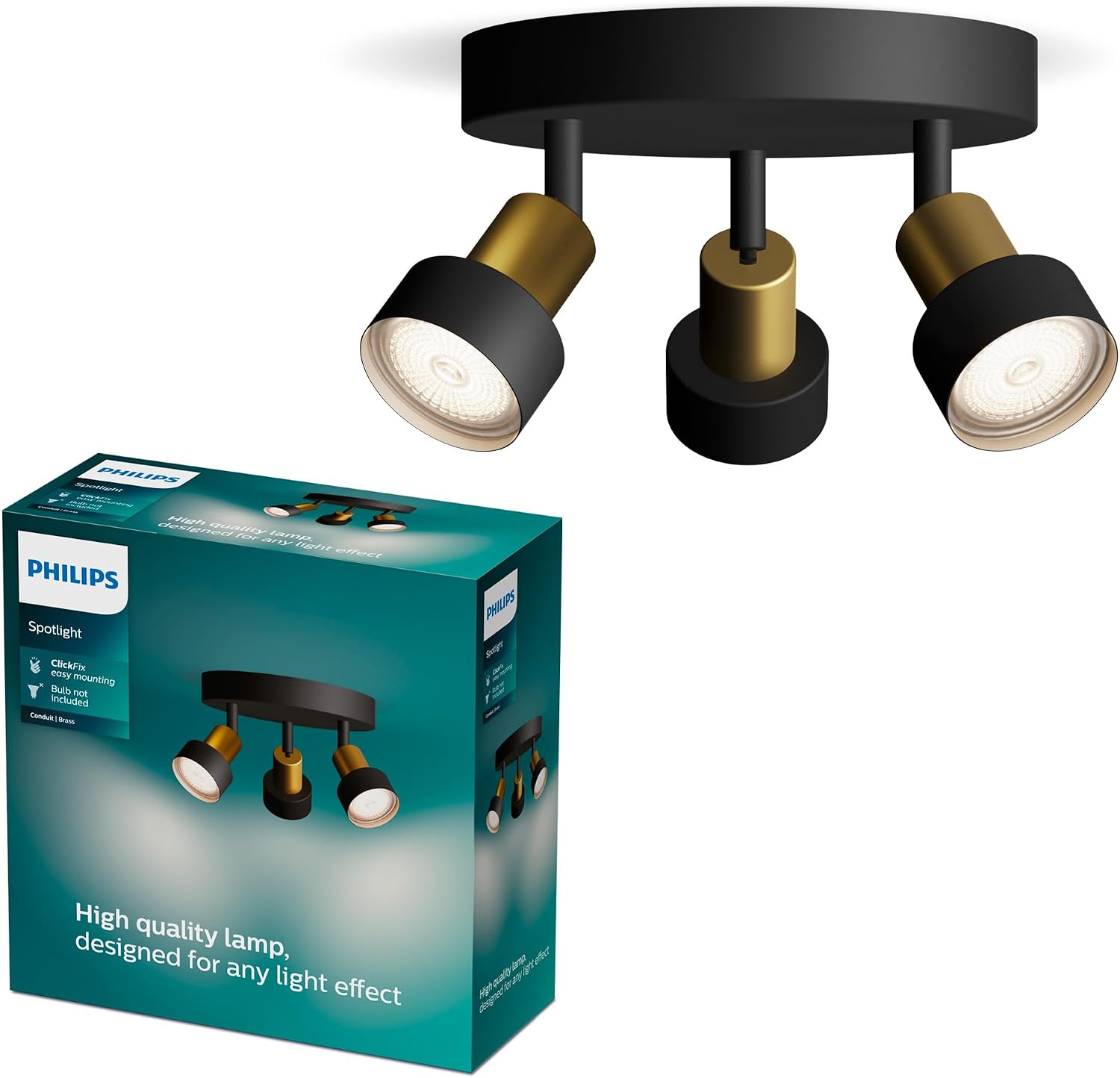 Philips Conduit – Foco LED decorativo redondo (3 luces) bombilla GU10 no incluida, Latón, IP20