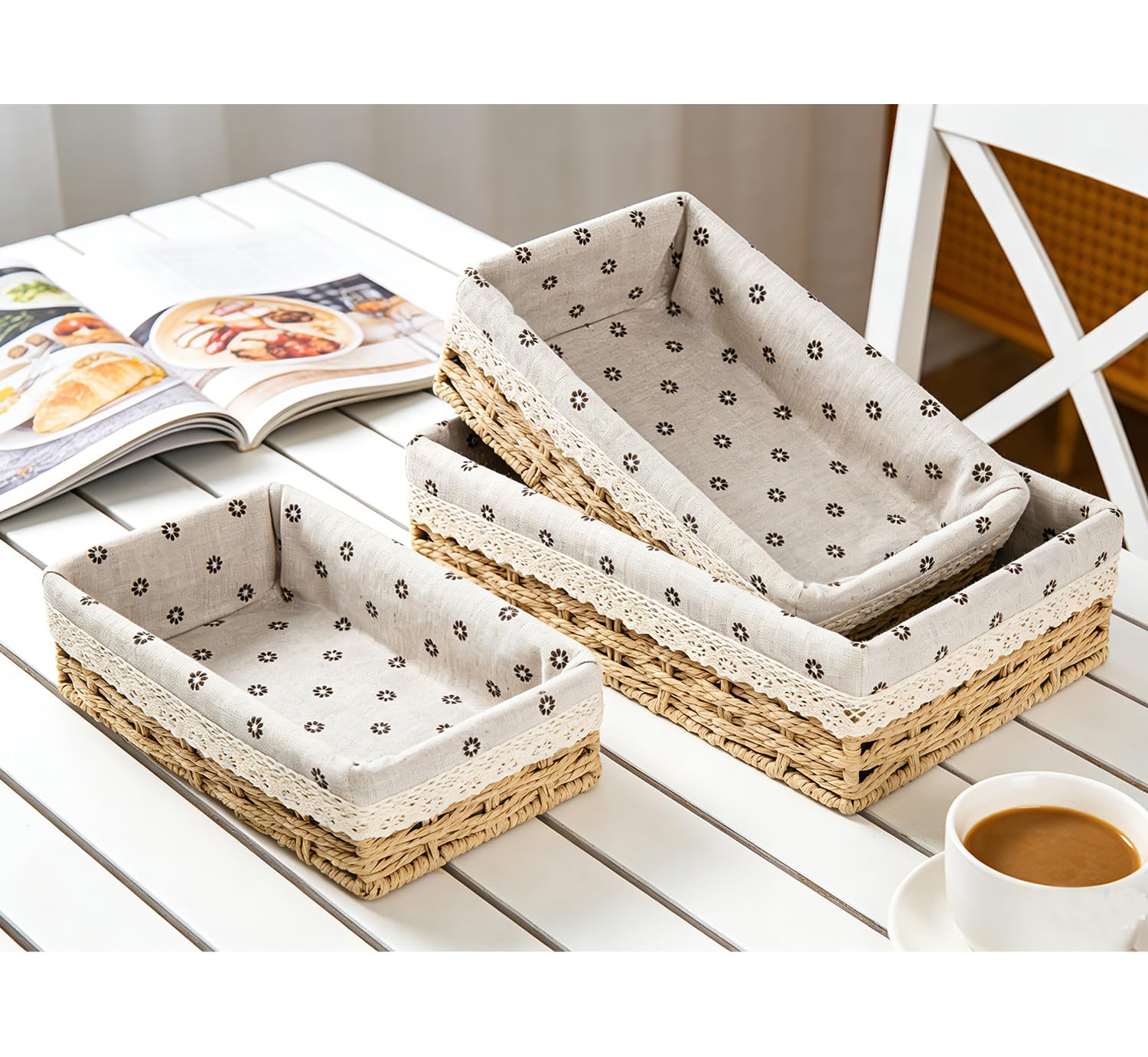 Set di 3 cestini per il pane grandi (35,31,27 cm) rettangolari in erba di mare, cestino intrecciato con inserto in cotone, cestino portaoggetti in robusto supporto in metallo, cestino per il pane