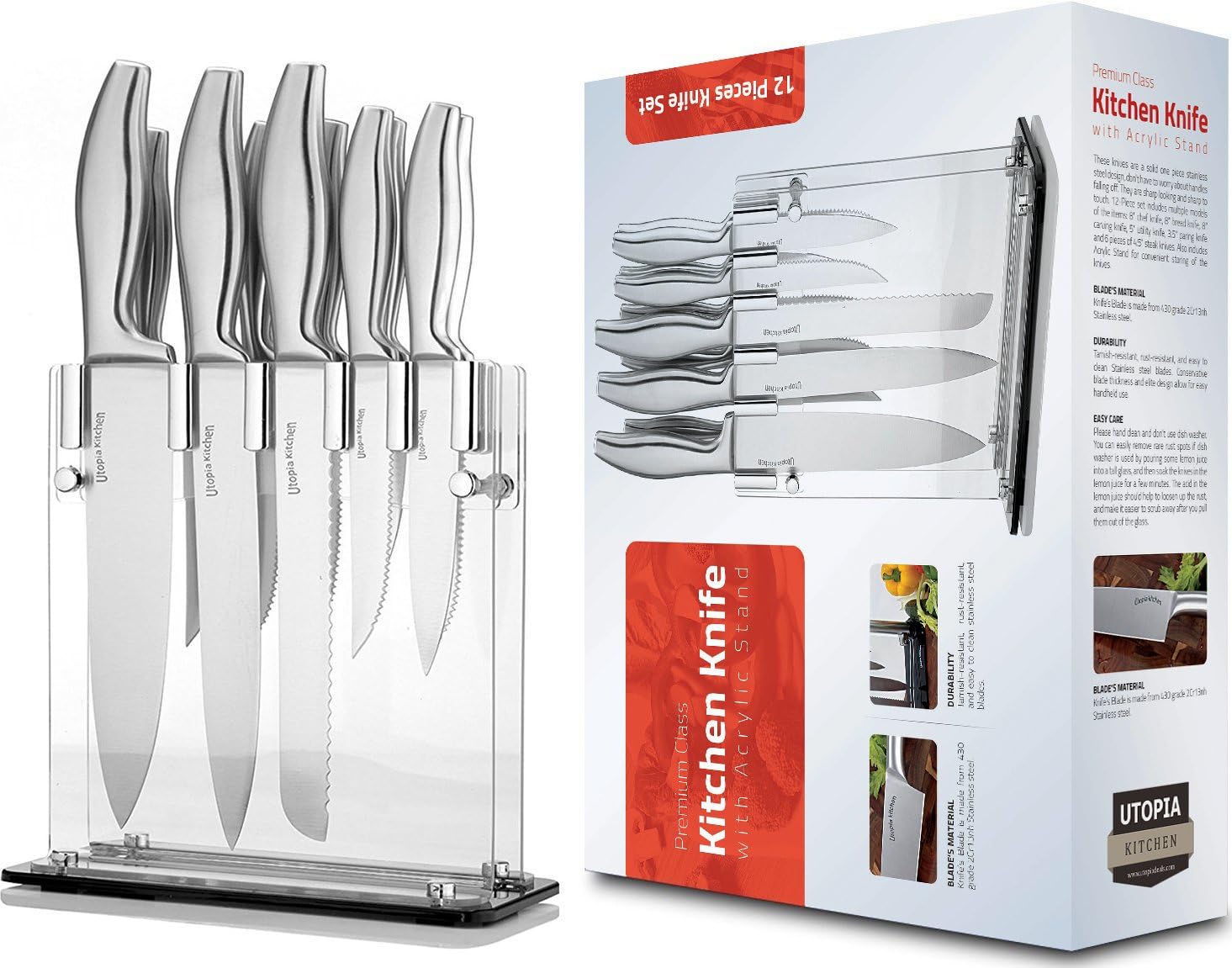 Utopia Kitchen 430 Grade Stainless Steel Knives Set (11 Knives plus Acrylic Stand) - 8" Chef Knife - 8" Bread Knife - 8" Carving Knife - 5" Utility Knife - 3.5" Pairing Knife - 6 x 4.5" Steak Knives