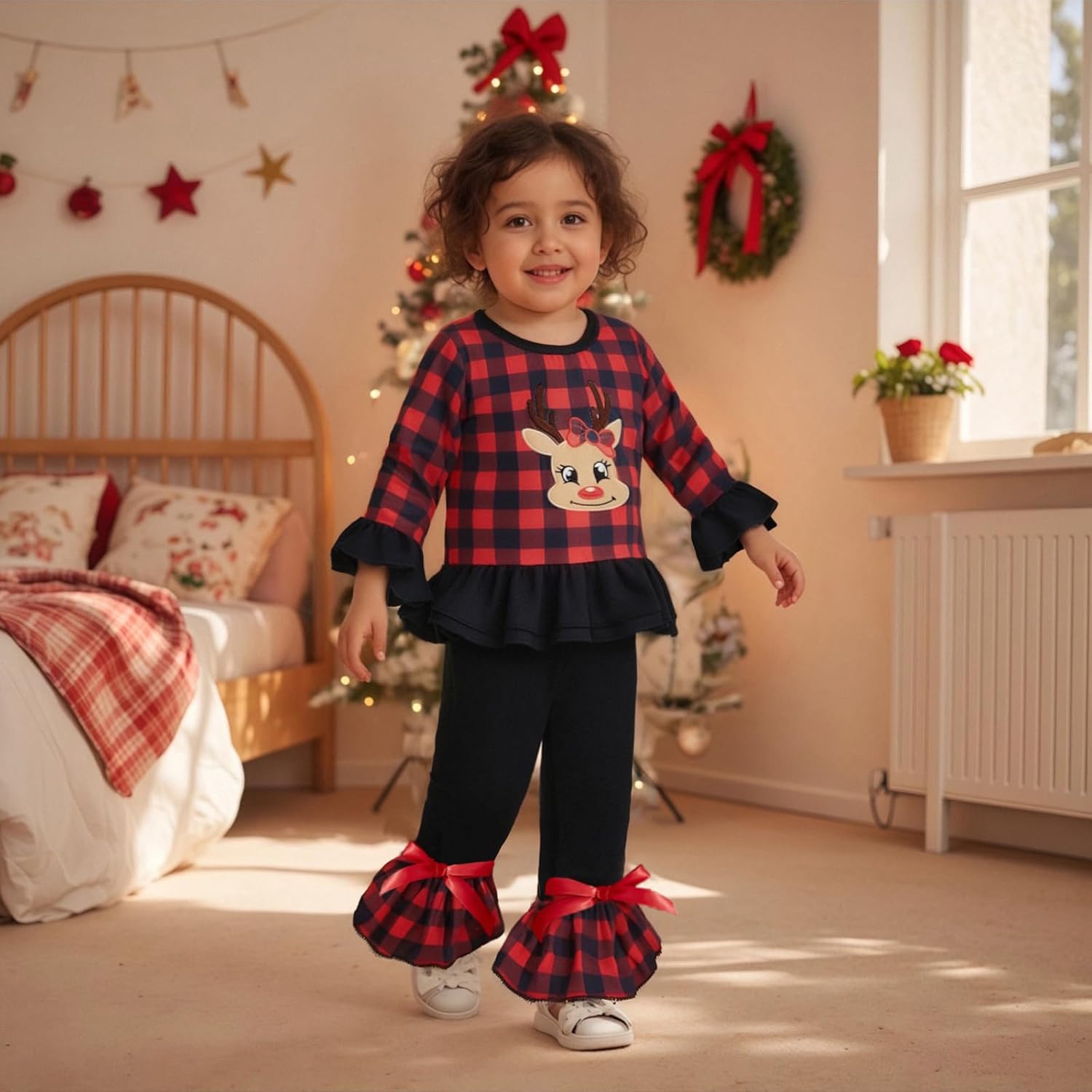 Kids Toddler Girl Halloween Outfit Plaid Pumpkin T-Shirts Pullover Sweatshirt Tops Flare Pants Set Fall Clothes - Image 4