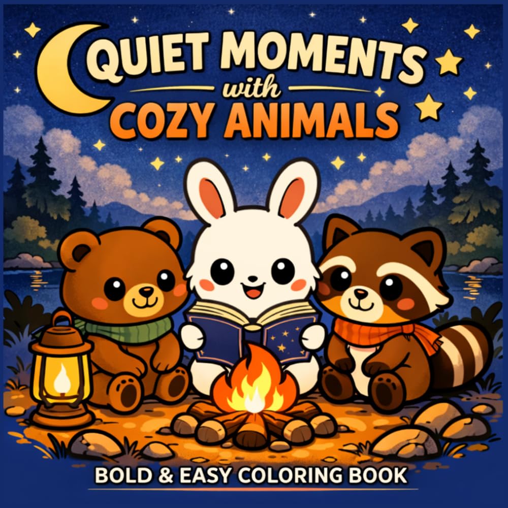 Quiet Moments with Cozy Animals: Bold and Easy Cute Animal Coloring Book with Calm Cozy Scenes for Stress Relief and Relaxation for Adults and Teens