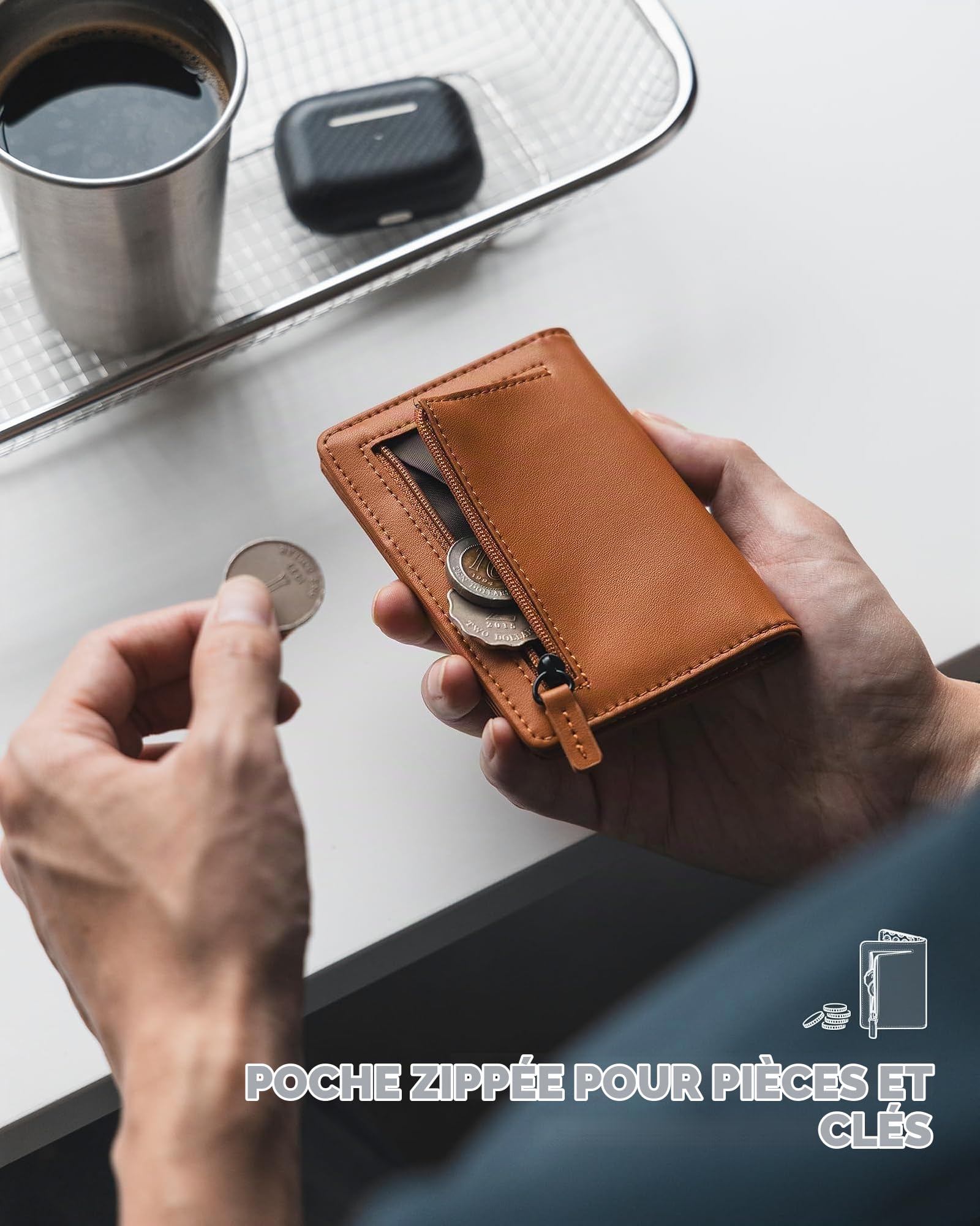 VULKIT Petit Portefeuille Homme Cuir Porte Carte Homme RFID Porte Carte Bancaire avec Portemonnaie & Fenêtre d'ID, Marron