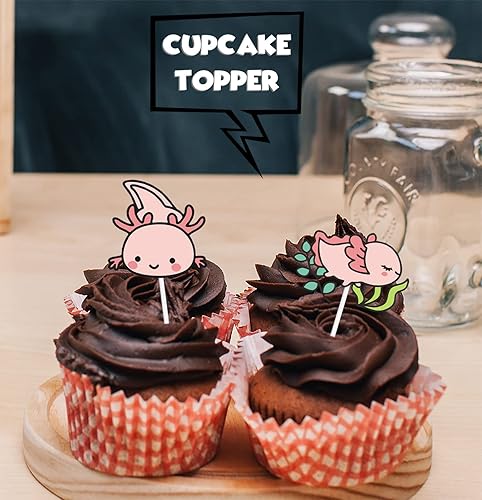 Miniatura 5 de 18 piezas de decoración de postre de ajolote rosa con purpurina, diseño de animales de dibujos animados, baby shower, niñas y niños, decoración de