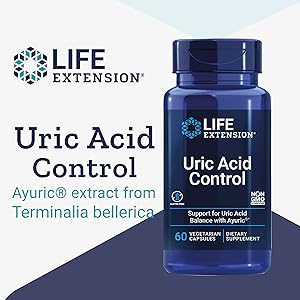 Life Extension, Uric Acid Control, Terminalia bellirica 500mg, 60 Vegan Capsules, Laboratory Tested, Gluten-Free, Vegetarian, SOYA-Free, Non-GMO