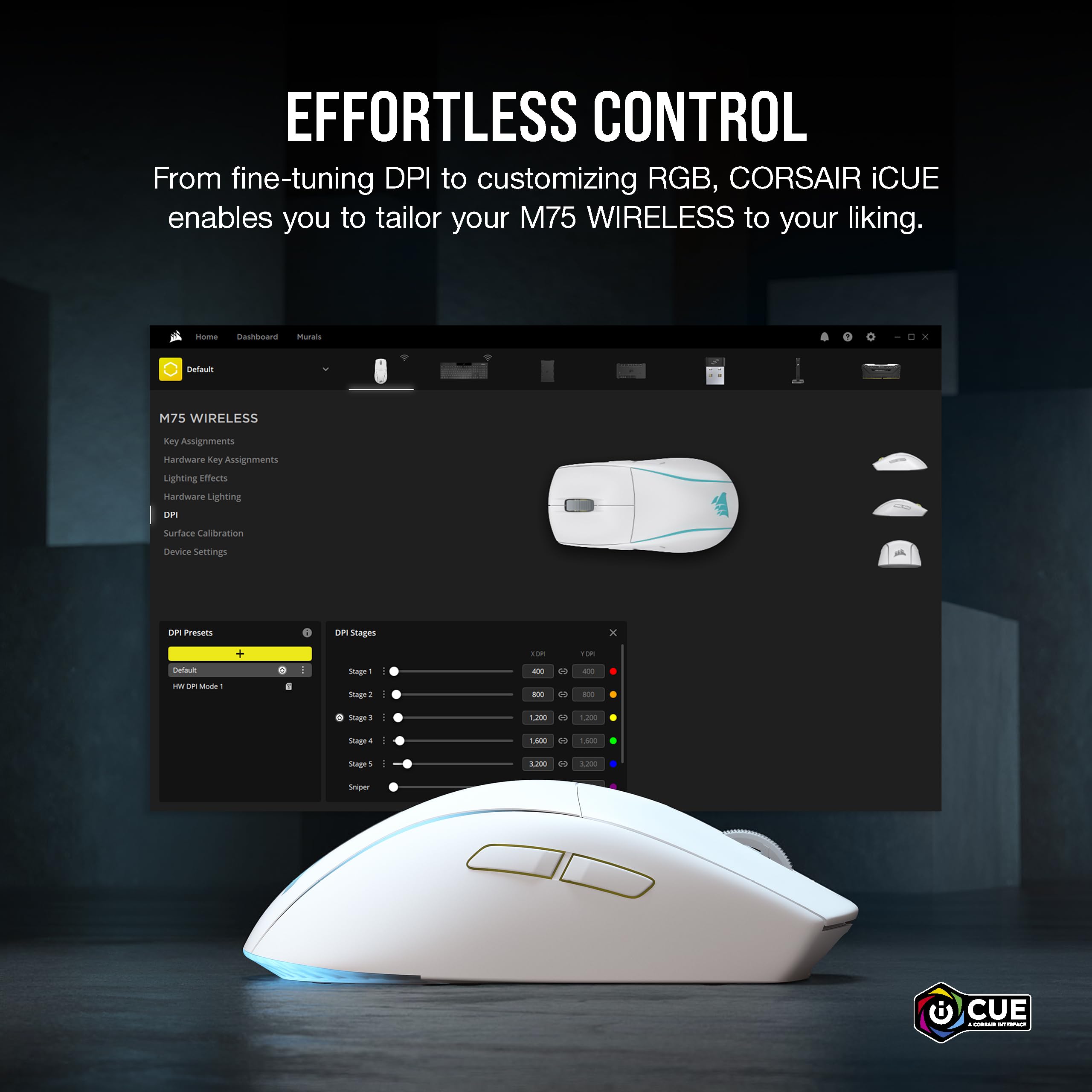 Corsair M75 Mouse da gioco wireless RGB leggero FPS - 26.000 DPI - Pulsanti laterali intercambiabili - Compatibile con iCUE - PC - Bianco