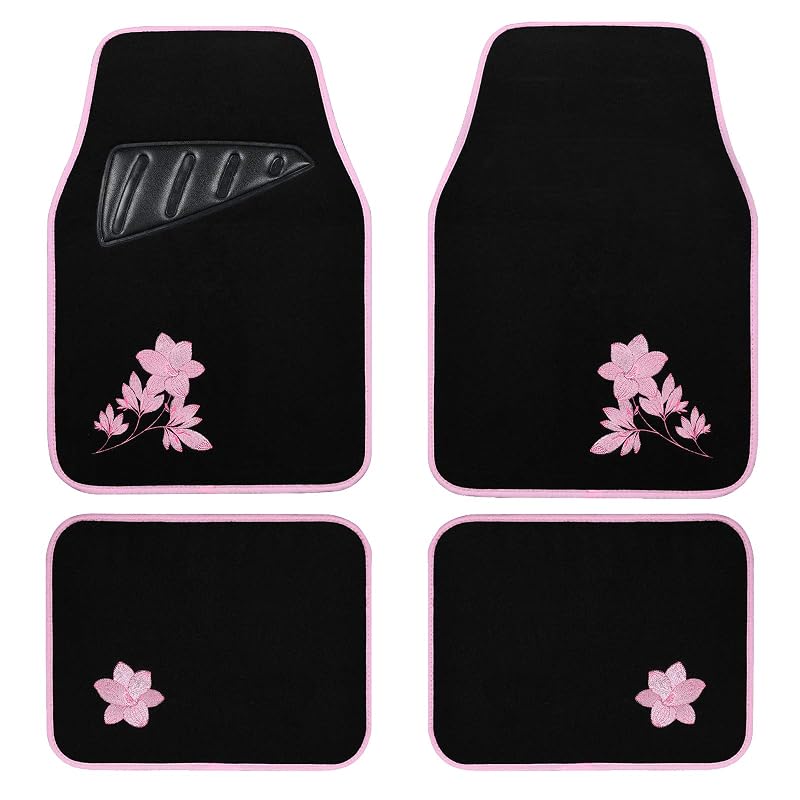 Jogo de Tapetes Automotivos Rosa com Flores e Apoio para o Calcanhar August Auto, Encaixe Amplo, 4 Peças