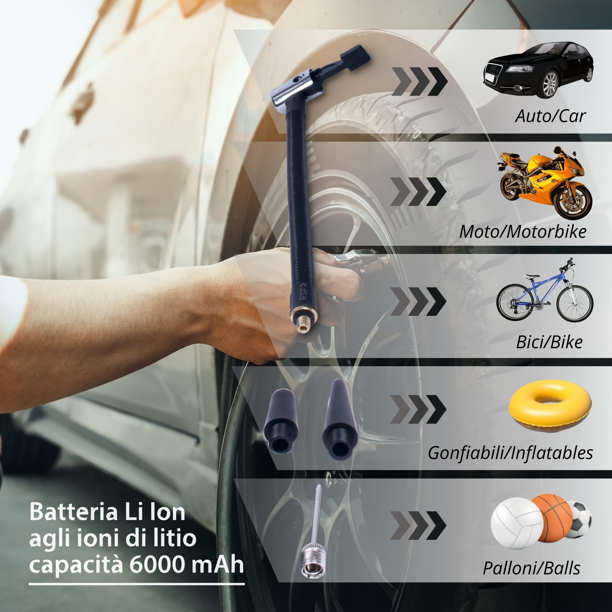 Goodyear, Compressore Portatile 5 in 1, Gonfiatore Wireless e Cavo 12V Accendisigari, Batteria 6000mAh, Display LCD 150 PSI, Power Bank, Torcia 6 LED, 5 Adattatori, Auto, Bici, Moto e Palla