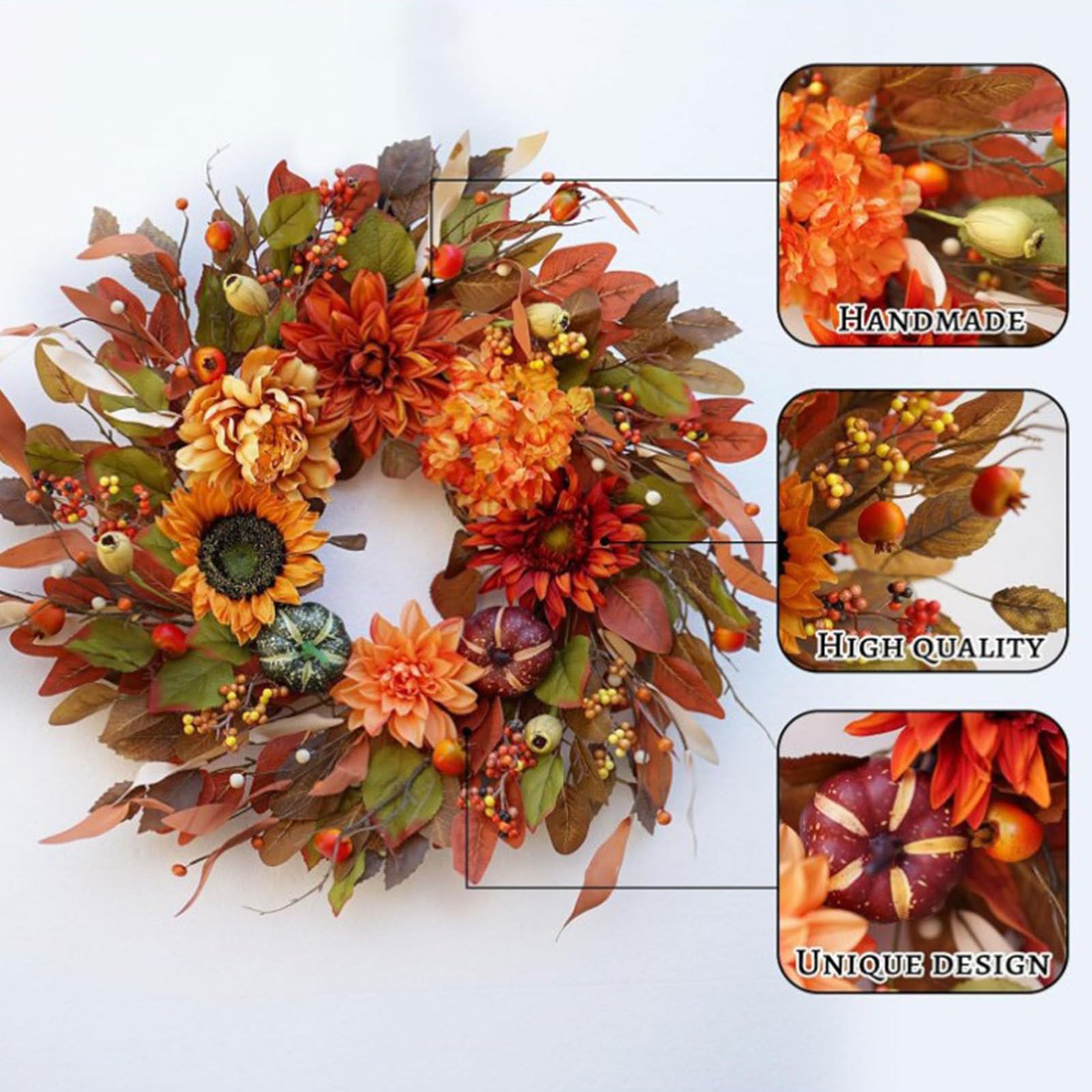 Coronas De Otoño Para La Puerta De Entrada 42 Centímetros Artificial con | Coronas de Otoño para Porche Para Decoración De Festival Acción De Gracias Halloween Vacaciones