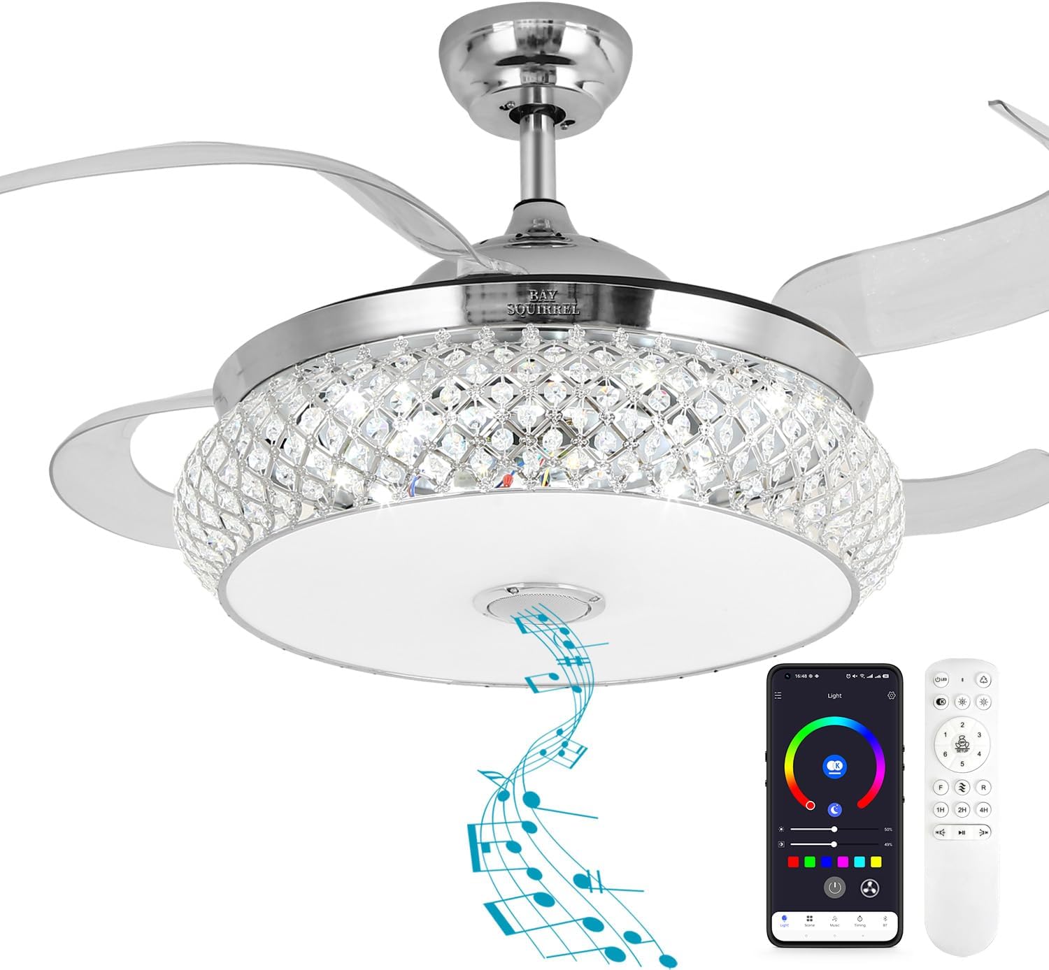 BAYSQUIRREL Retractable Ceiling Fan with Light, Low Profile Bluetooth Ceiling Fan with Speaker,RGB-LED Light 6 Speed Reversible Invisible Ceiling Fans for Bedroom,Remote and APP Control