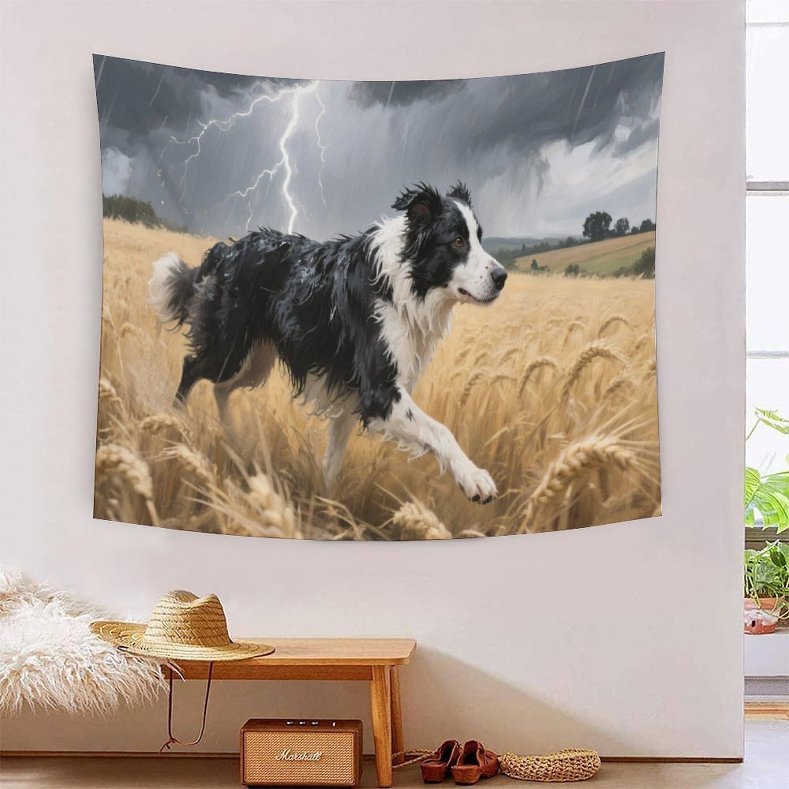 YYVKPMLXC 3D Border Collie Dog Print Tapestry Wall Hanging,Wheat Field Wall Blanket Tapestry Dorm Decor Polyester for Living Room Bedroom 70cmx100cm