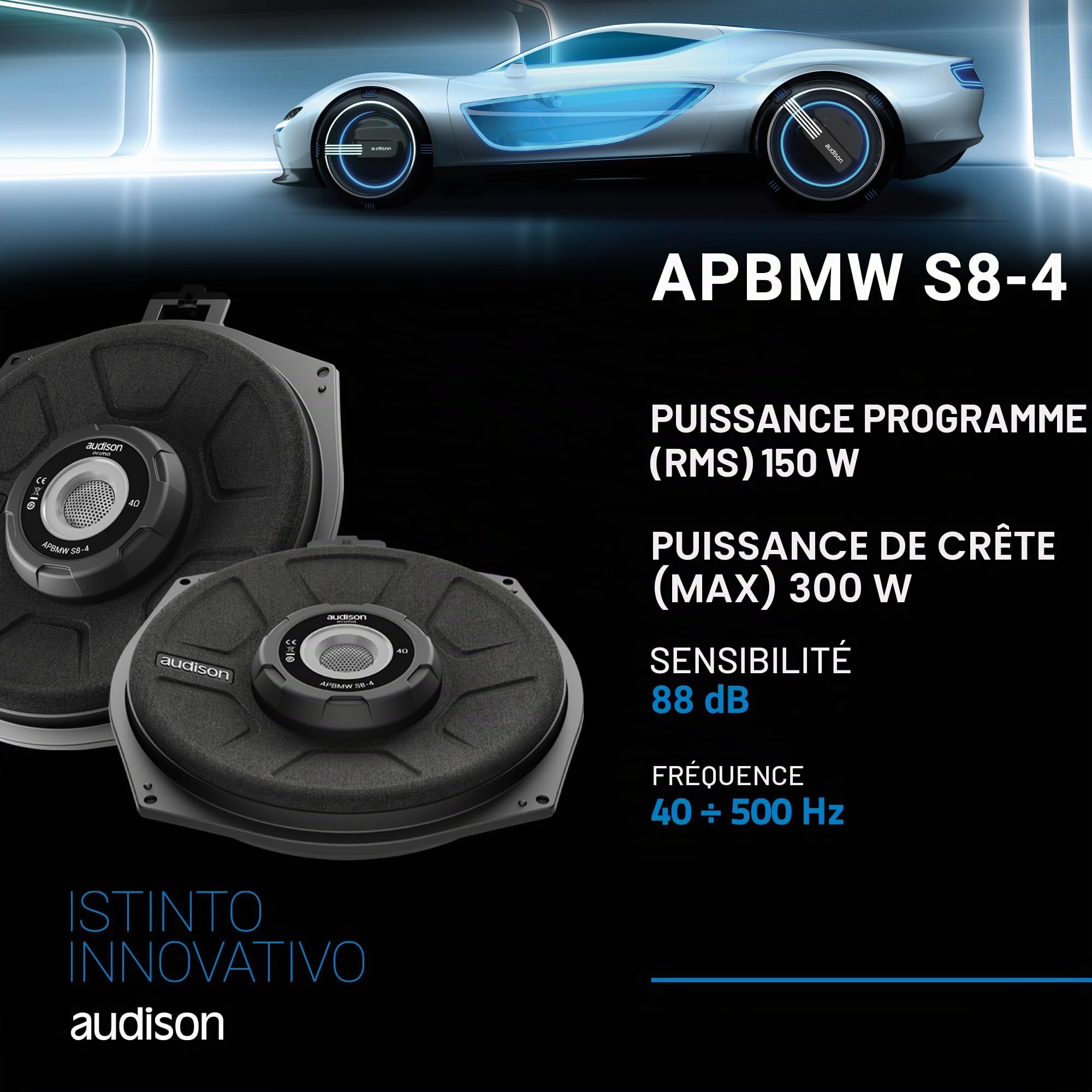 Audison APBMW S8-4.2 subwoofer 200 mm, 300 W | caisson slim sous-siège, 8 pouces, impédance 4 Ohm, papier pressé, bobine 50 mm, 150 W RMS, Xmax 7 mm, 40-500 Hz