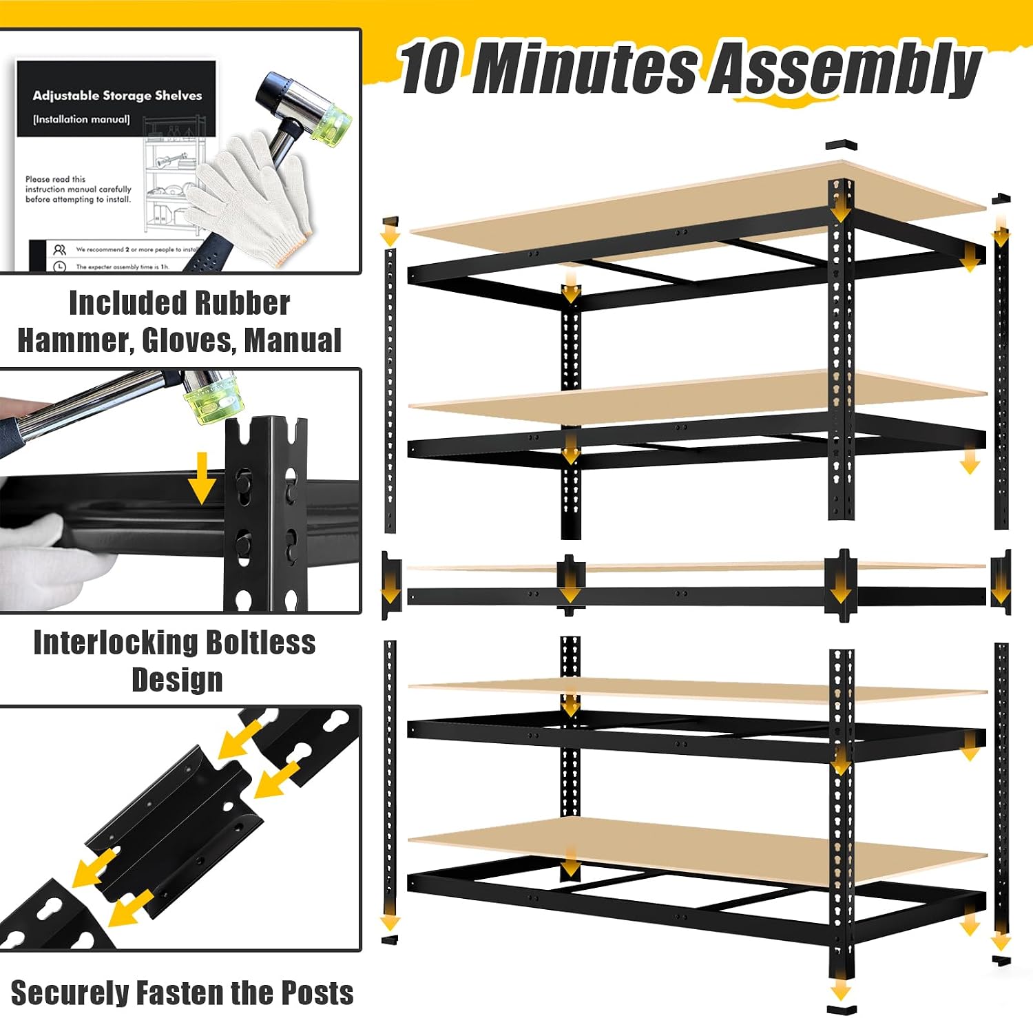 48" W x 24" D x 72" H Garage Shelving Heavy Duty - 5 Tier Metal Storage Shelves, Adjustable Shelving Unit, Utility Rack Shelf for Pantry, Warehouse, Closet, Office, Kitchen, Black