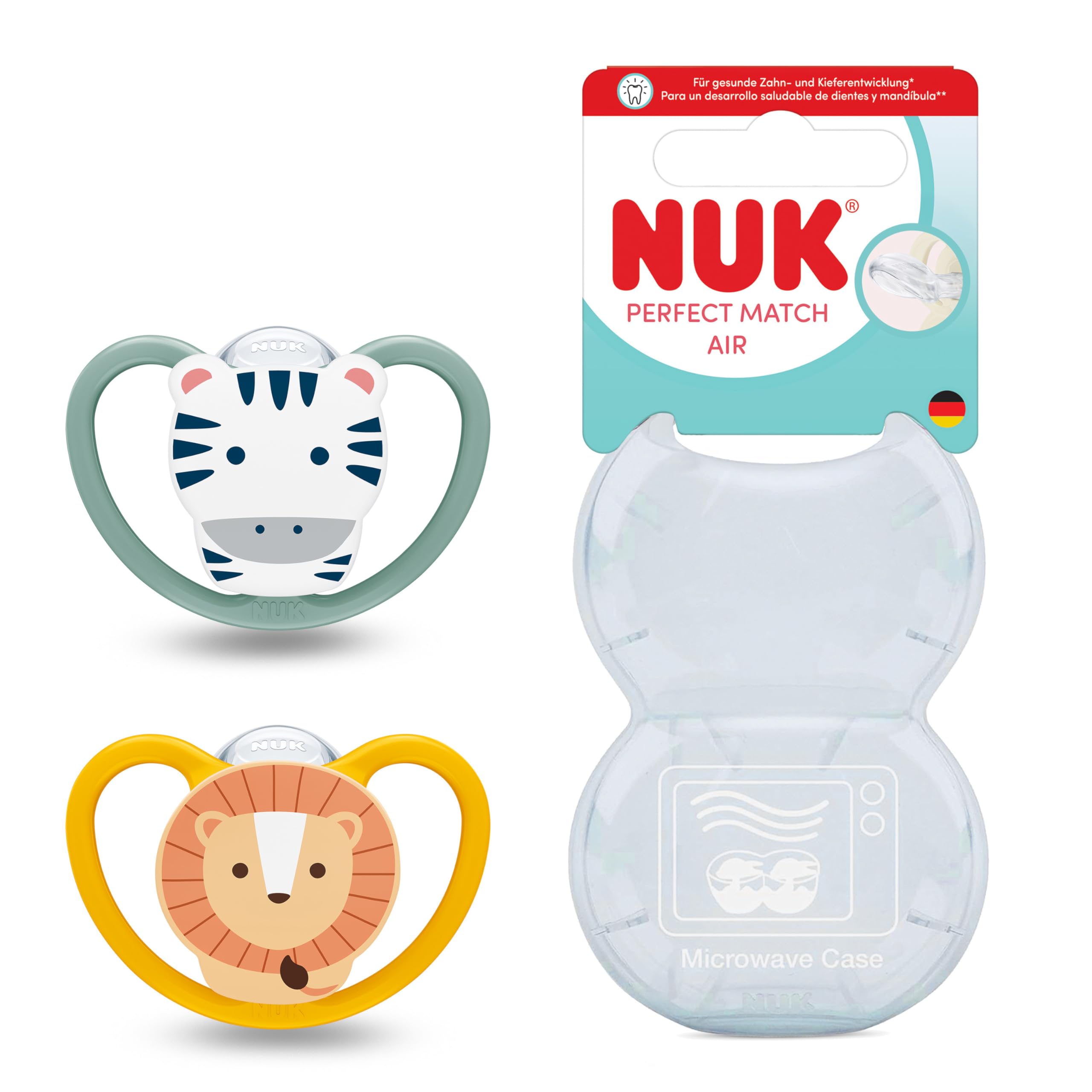 NUK Perfect Match Air Baby Dummies | 18-36 Months | Orthodontic Soothers That Promote Air Flow & Prevent Drool Rash | 95% Baby Acceptance** | Lion & Zebra | 2 Count