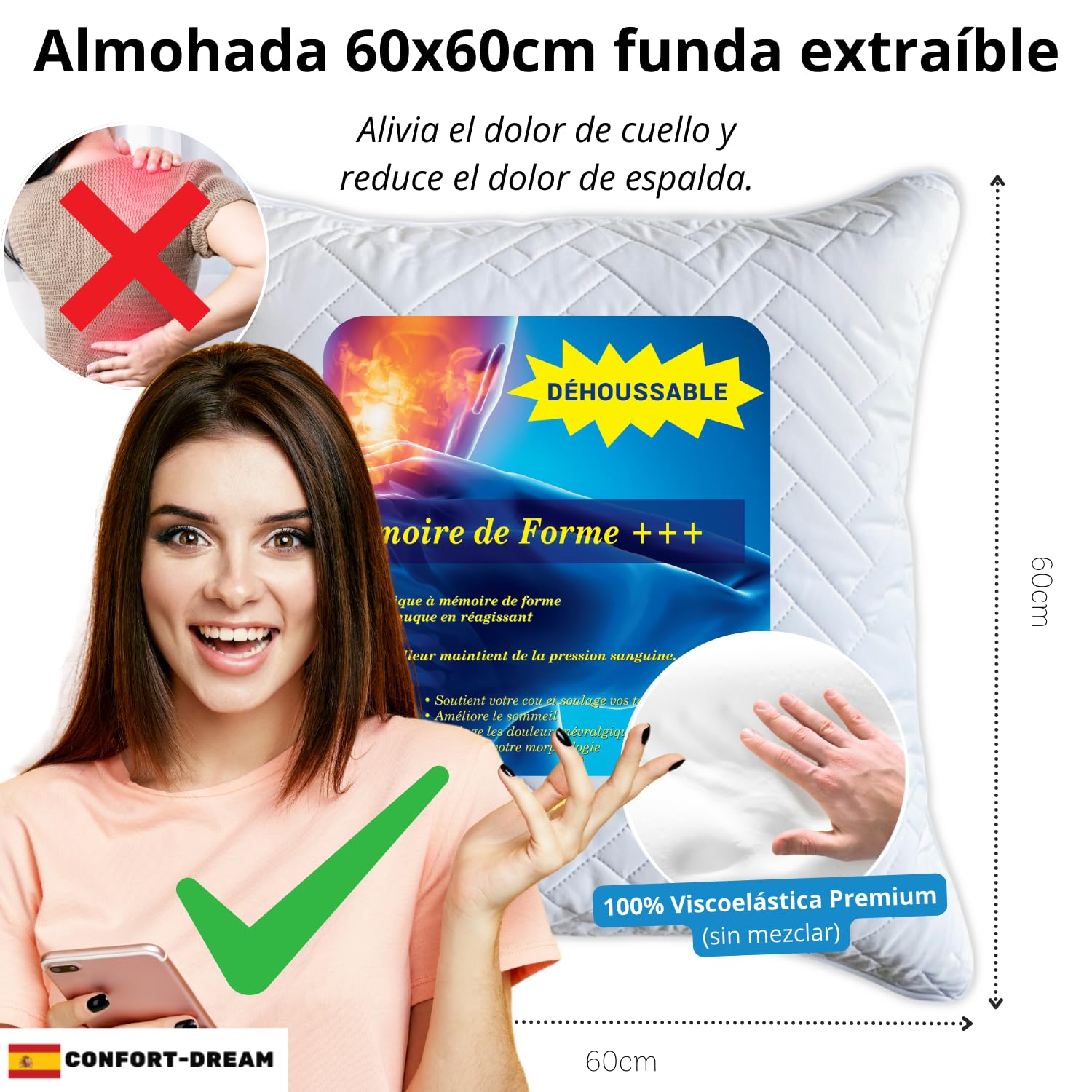 Almohada Cervical 60x60cm Memoria Forma Firme Ergonómica Cuello | Desfundable, Garantía de Por Vida, Cuadrada, Para Pareja/Adulto, Para Cervicales Doloridas