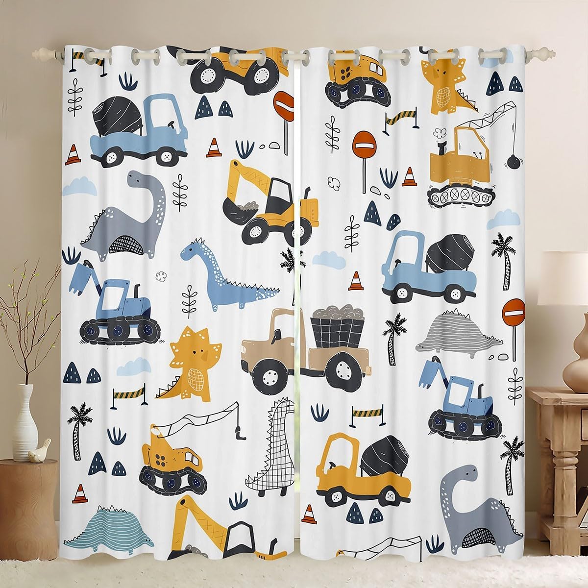 Feelyou Kids Cartoon Dino Car Blackout Curtains Construction Dino Window Curtains for Boys Girls Equipment Trucks Darkening Drapes Excavator Tractor Window Treatments (2 Panels, 38 x 54 Inch)