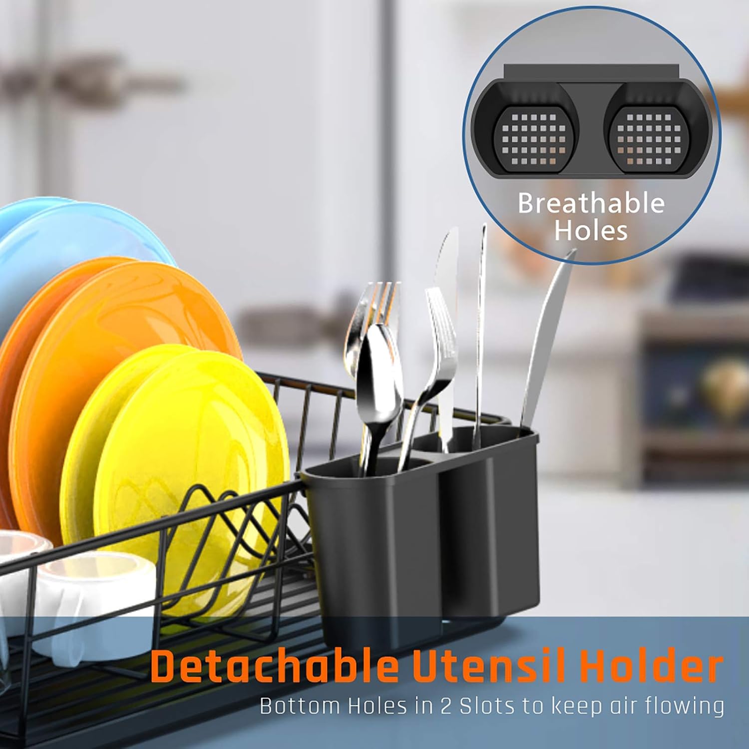 Dish Drying Rack, Packism Small Dish Rack with Drain Board, Utensil Holder, Durable Dish Drainer for Kitchen Counter Top, Black