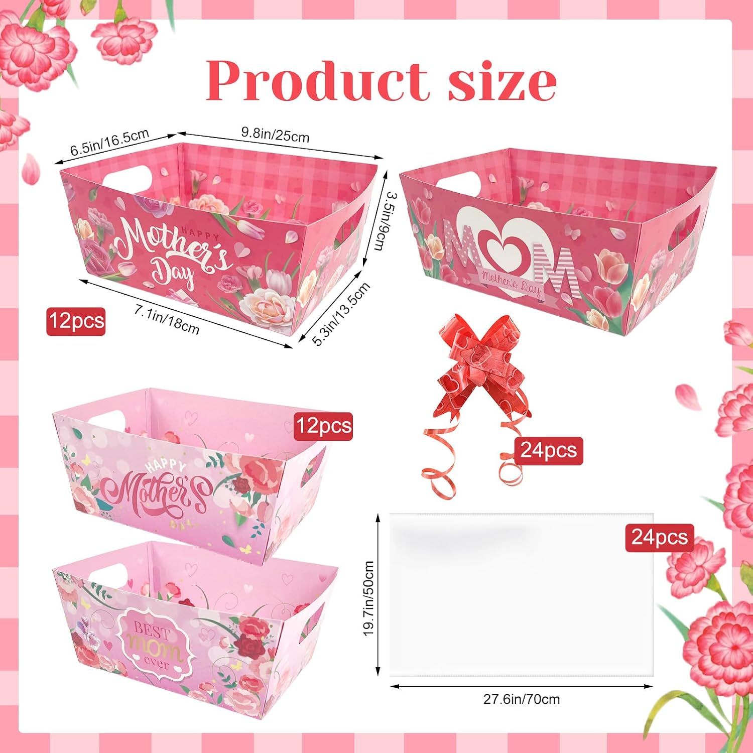 CIEOVO 24 Set Happy Mothers Day Baskets for Gifts Empty with Cellophane Basket Bags Bows, Happy Mother's Day Market Tray Cardboard Basket to Fill for Best Mom I Love You Mom Birthday Party Decor