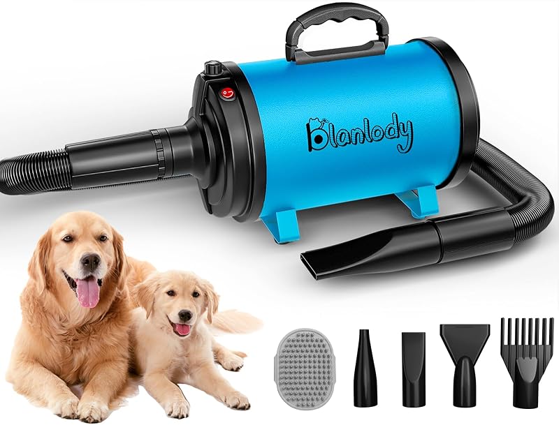 Secador de pelo para perros, secador de pelo para mascotas de alta velocidad, azul | Secador de pelo para perros, 3800W/5,2HP para perros grandes, velocidad ajustable continua, 4 boquillas diferentes, cepillo para perros incluido