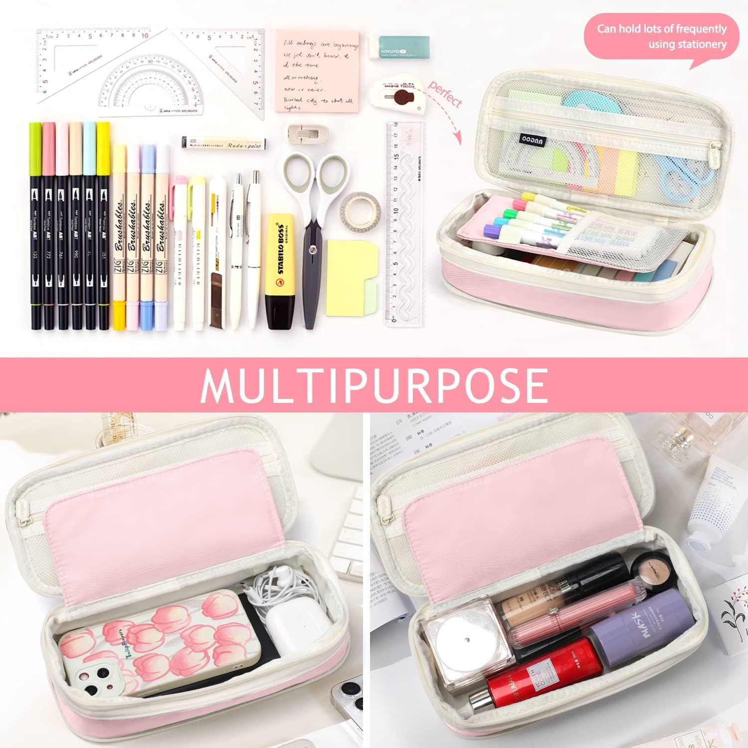 PRANIJ Bonito estuche estético de gran capacidad expandible con cremallera, portátil, para oficina, papelería, organizador de escritorio para colegio, collage, niños, niñas, adultos, mujeres y hombres