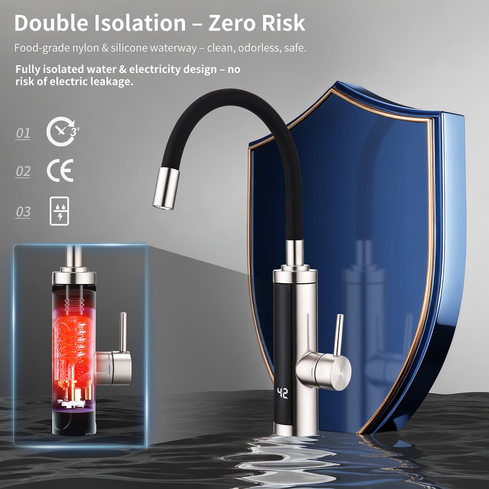 HOMELODY Wasserhahn mit Durchlauferhitzer 230V, 3300W Elektrischer Wasserhahn Sofort Heißes Küchenarmatur mit Flexibler Auslauf & LED-Display, Anti-Spritz Edelstahl Küchenarmatur, 360º Schwenkauslauf
