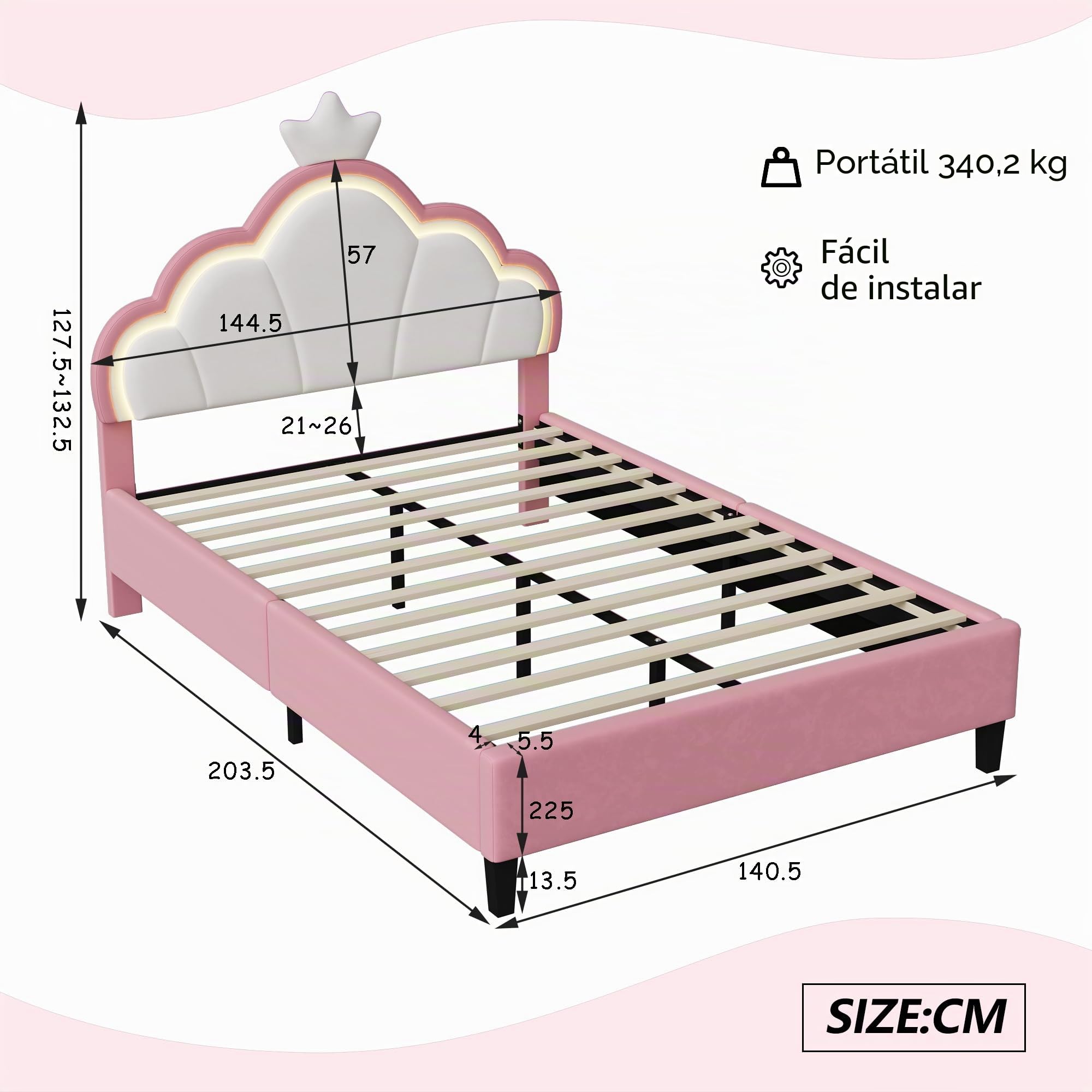 LIVLUX Cama acolchada, 140 x 200 cm, cama de princesa con cabecero LED ajustable y somier, para niñas, diseño de corona, para niños y adolescentes, terciopelo (Rosa, 140 x 200 cm)