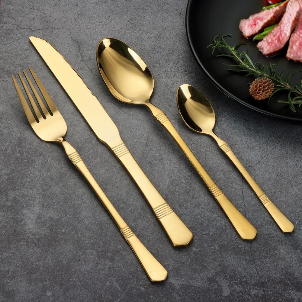 Besteckset aus Edelstahl, 20-teilig, bunt, mit horizontal gestreiftem Griff, Besteckset mit Steakmesser, Gabel, Löffel und Teelöffel für Küche und Esszimmer (Silber)